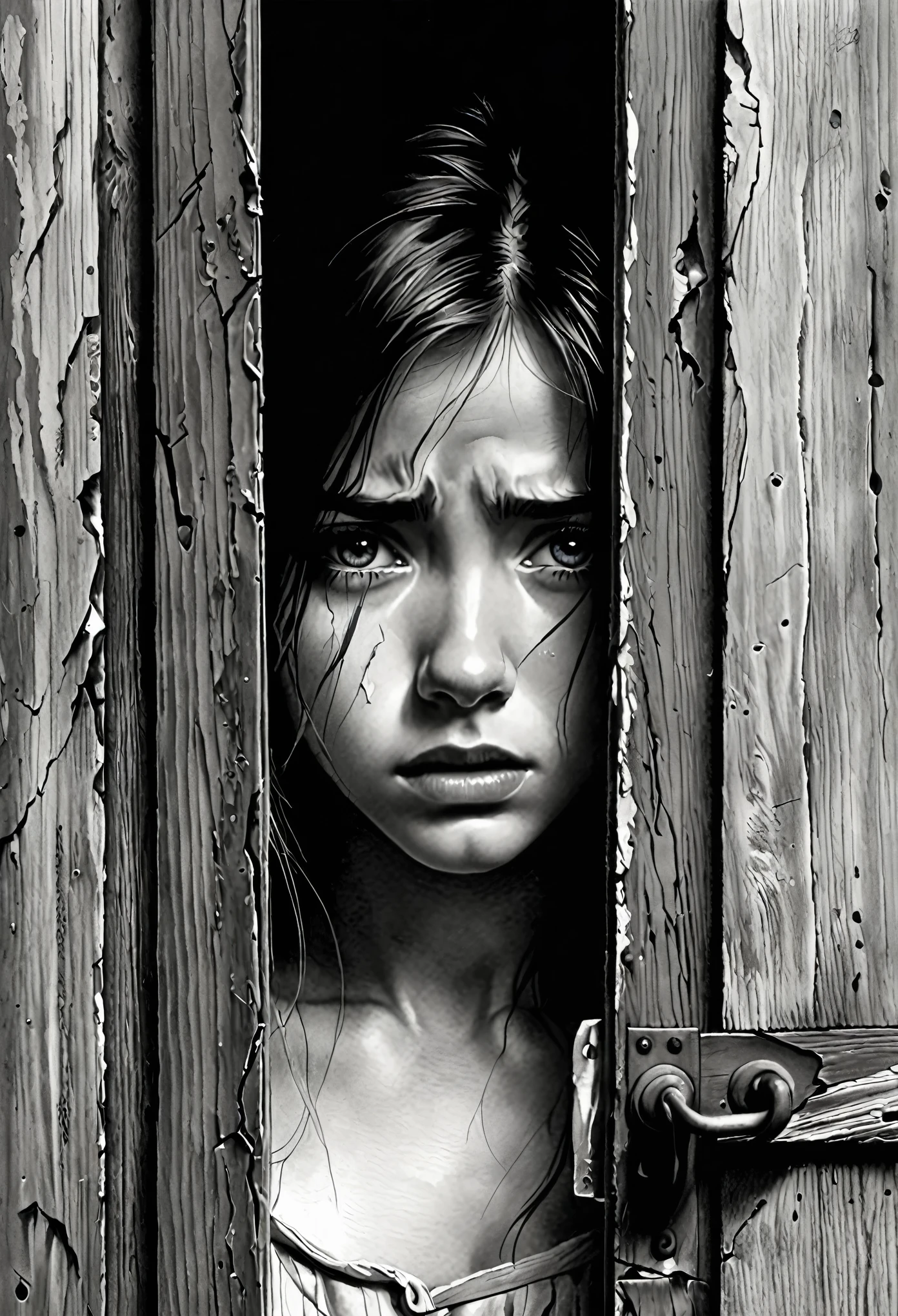 (Pencil_Sketch:1.2, messy lines, greyscale, traditional media, sketch),1 European girl，1 eyes，(A slanted broken wooden door with only a slanted gap，The girl&#39;s eyes are exposed through the crack of the door)，These are the traces of her battles。aggrieved look，in tears，Showing her fear and cowardice。Every detail about her makes us curious about her story，blue，red palette，Strong contrasting colors，