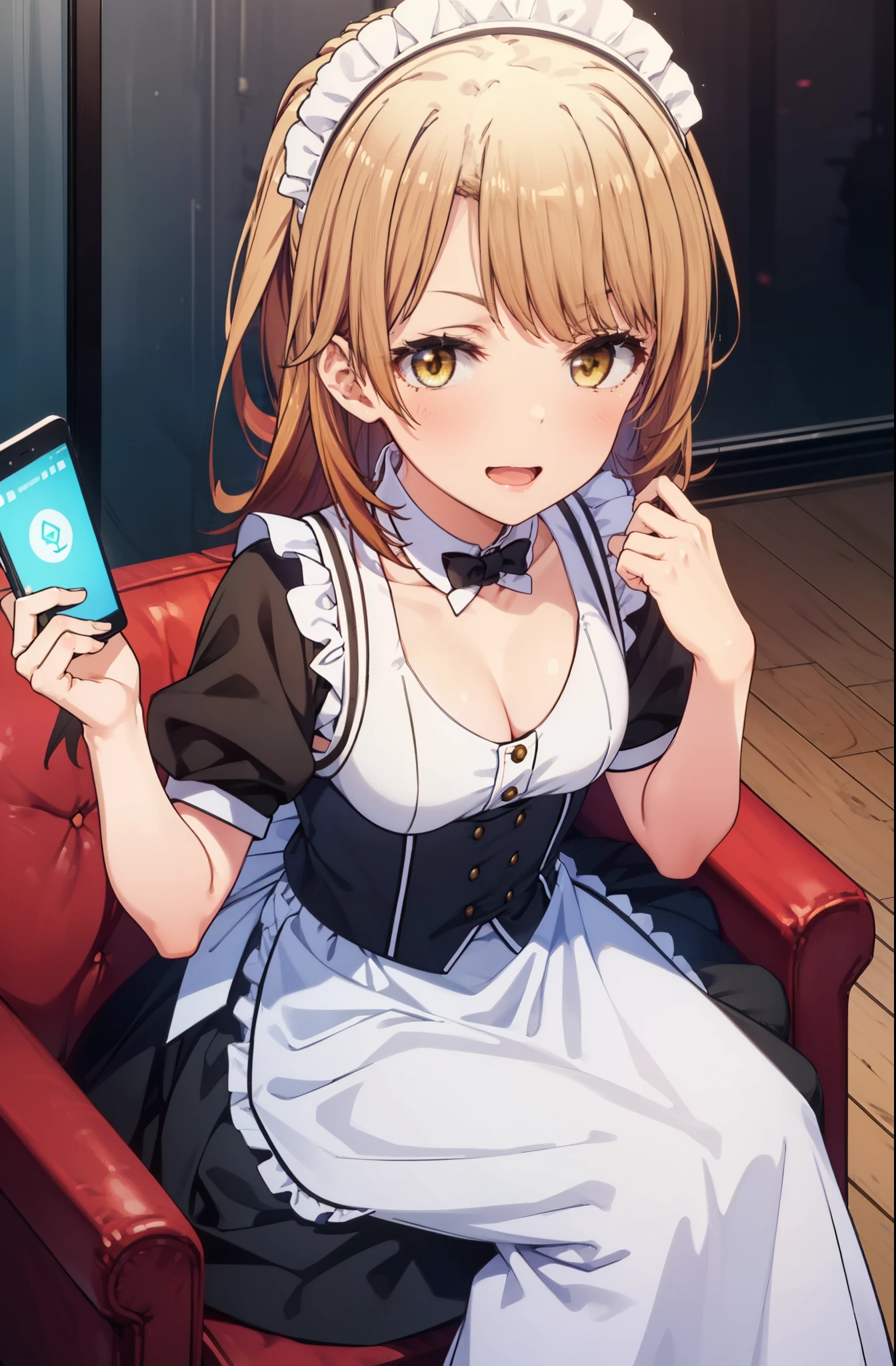 irohaisshiki, iroha isshiki, long hair, brown hair, (brown eyes:1.5), Take a selfie from above your head,with left hand, He opened the collar of his shirt to show his cleavage.,smile, smile, open your mouth,short braided hair,ponytail,blush,smile,Maid clothes　open collar,Medium chest,she was wearing a miniskirt, black pantyhose, sitting cross-legged on a chair,Make sure the whole body is included in the illustration,
break indoors, coffee shop,
break looking at viewer,
break (masterpiece:1.2), highest quality, High resolution, unity 8k wallpaper, (shape:0.8), (fine and beautiful eyes:1.6), highly detailed face, perfect lighting, Very detailed CG, (perfect hands, perfect anatomy),