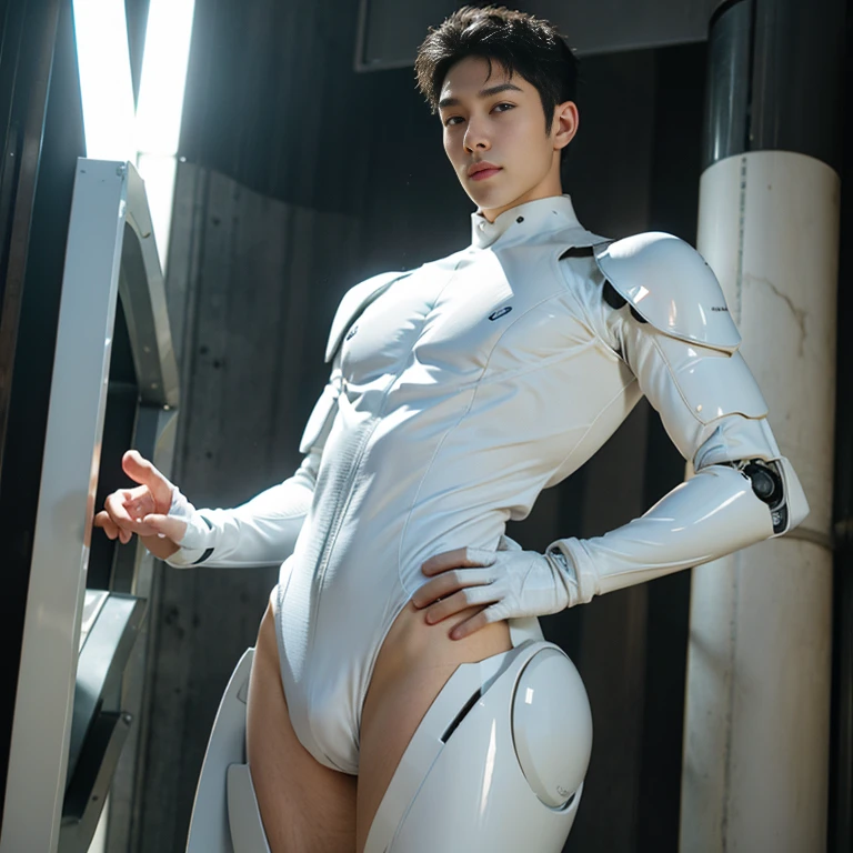 (masutepiece,High resolution,ultra - detailed:1.0),1(Boy,Robot Boy),Perfect male body,Look at the camera,Delicate eyes and delicate face,extremely details CG,Unity 8k壁纸,intricate-detail,solo person,Detailed face, (Futuristic skin-perfect white bodysuit), Best Quality, hands visible, (White Gloves), Beautiful and delicate blue short hair:1.5 , full length shot(fls) , big thighs , big hips , insane details, hyper details , photorealistic , only male , handsome boy , fat buttock , puffy nipples , 16k resolution , ultra-high clarity , hyperrealism, uhd,. K-pop, whore , slutty whore , swollen nipples , defeat , grins ,thick thighs, thick booty. Fat buttocks , male