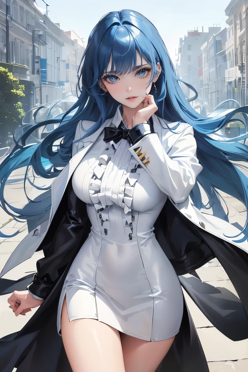 (highest resolution, clear_image) highest quality, a female's masterpiece, very detailed, semi-realistic,(most of the body), (highest quality, masterpiece, Super realistic),blue hair, wolf cut, Torn black bangs, open jacket, shadows on the eyes, long hair, wolf cutの髪, green and blue stripes in hair, Eyes down, gone crazy, cowboy view,intimidating pose、(The whole body from head to foot)、Powerful atmosphere、Sharp eyes、glare at、cool beauty、pressure、put on a white coat、Leather goods、comb your hair、final boss、adult woman、Being Calm、Great people、Hair ruffles、white dress suit、hall々walking with