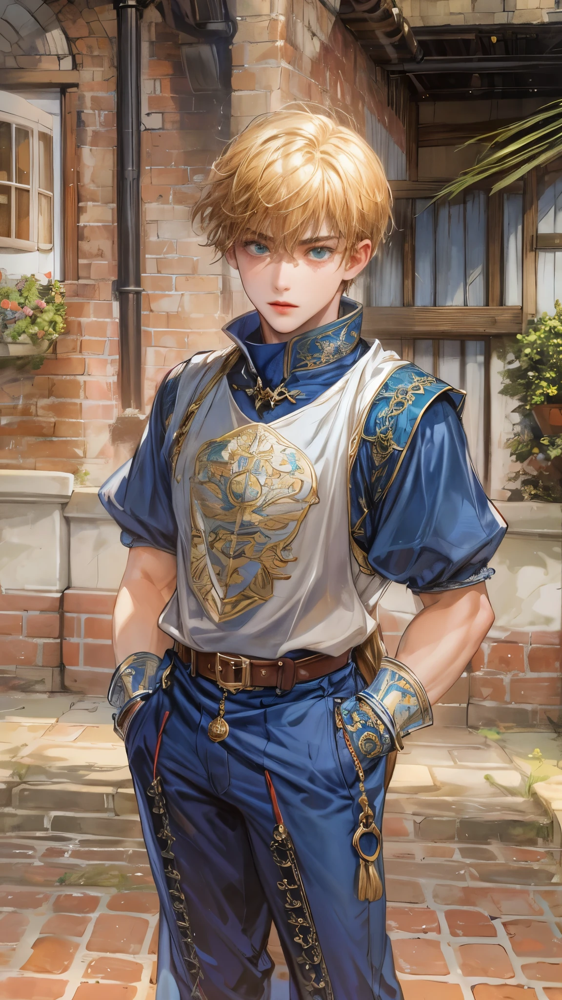 (masterpiece,best quality,ultra_detailed,highres,absurdres),1boy, perfect face, handsome, shorthair, character from gba game shining force, detailed scenery of town england style, detailed character