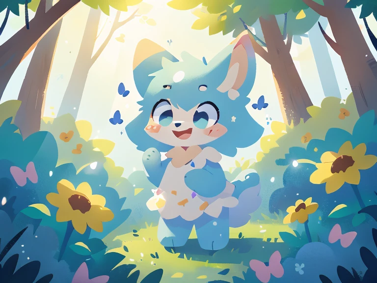 ((solo role)), Lovely style art, fantasy style art, Lovely, Lovely, Short characters, small, ((Little fluffy female white rabbit with blue eyes)), 4 ears, 2 extra ears, big ear, long ears, Ears prick up, prick up your ears, long eyelashes, fluffy bunny tail, complex pattern,((Cute animal on four legs)), Smile, In a colorful fantasy forest, soft tone, 富有表现力的Smile, open mouth, big eyes, Excited eyes, Excited face, Stunning visual effects, sunlight through the trees, flowers scattered among the bushes, Butterflies in the air, digital illustration