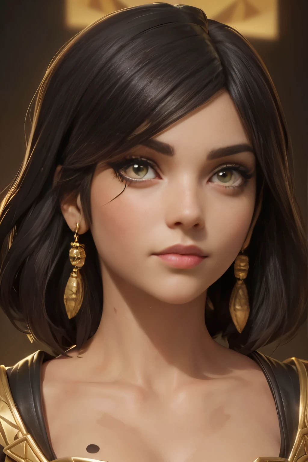 hyper realistic portrait shot of a beautiful egyptian queen, looking down proudly on the camera with her (expressive yellow eyes), tanned skin tone , thin nose, thick kissable parted lips , (black blunt bob hair with braided bangs), golden accessories and jewelries , (thick eyeliner), (eye makeup),