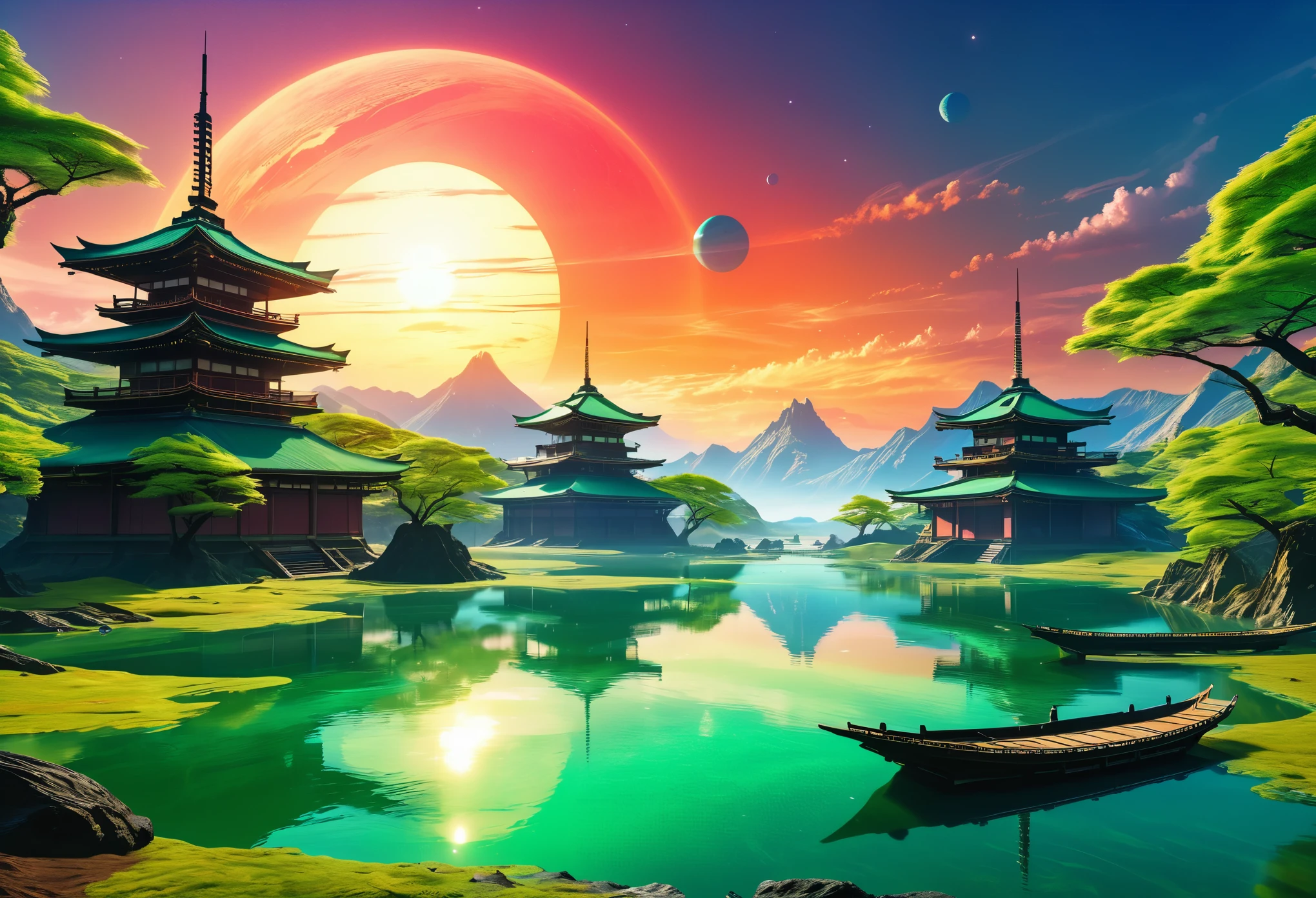 (best quality,4k,8k,highres,masterpiece:1.2), realistic digital painting, sci-fi, building in feudal Japan but in sci-fi style on an alien planet in another galaxy, two suns visible in the sky, immersive background of an alien planet, some strange trees and green Water, film grain, depth of field, HDR, beautiful lighting,