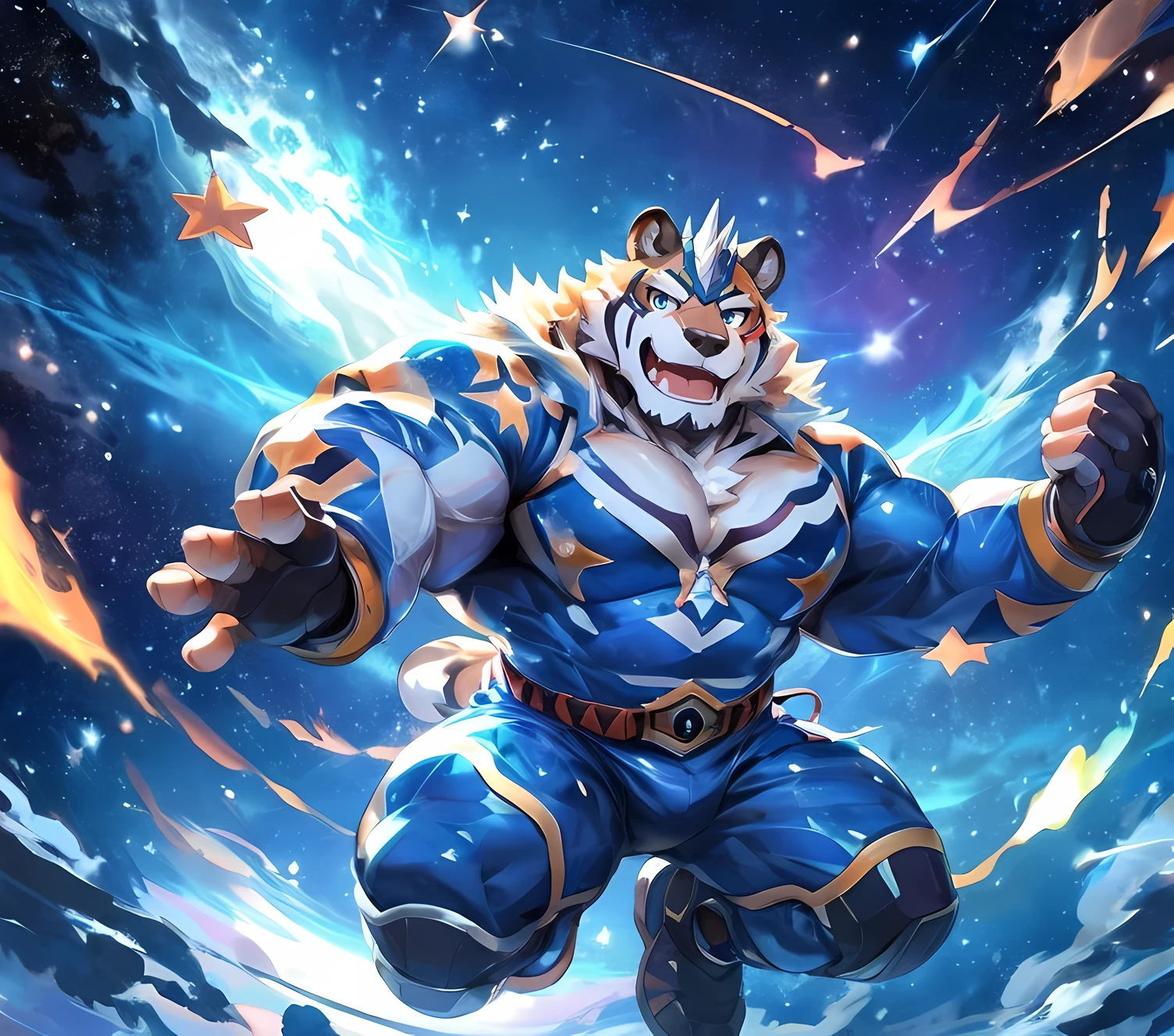 masterpiece,high quality,anime,detailed eyes,furry male White Tiger, Ryekie, Great physique,strong arms manly, Floating in space, show kirby, Star Pajama suit, (Night), Shimmering Stars, Joyful, by null-ghost,by pino daeni