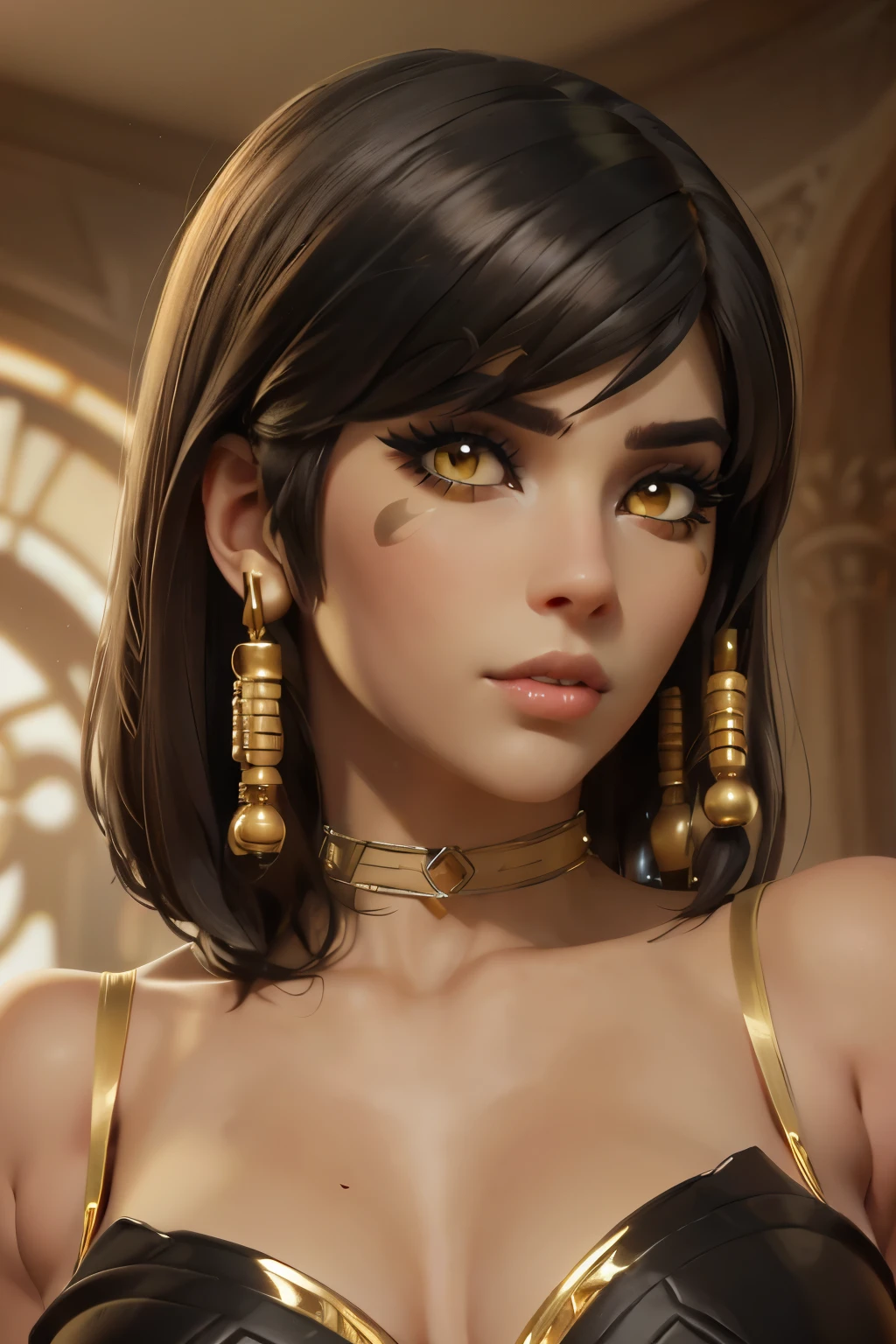 hyper realistic portrait shot of a beautiful egyptian queen, looking down proudly on the camera with her (expressive yellow eyes), tanned skin tone , thin nose, thick kissable parted lips , (black blunt bob hair with braided bangs), golden accessories and jewelries , (thick eyeliner), (eye makeup),