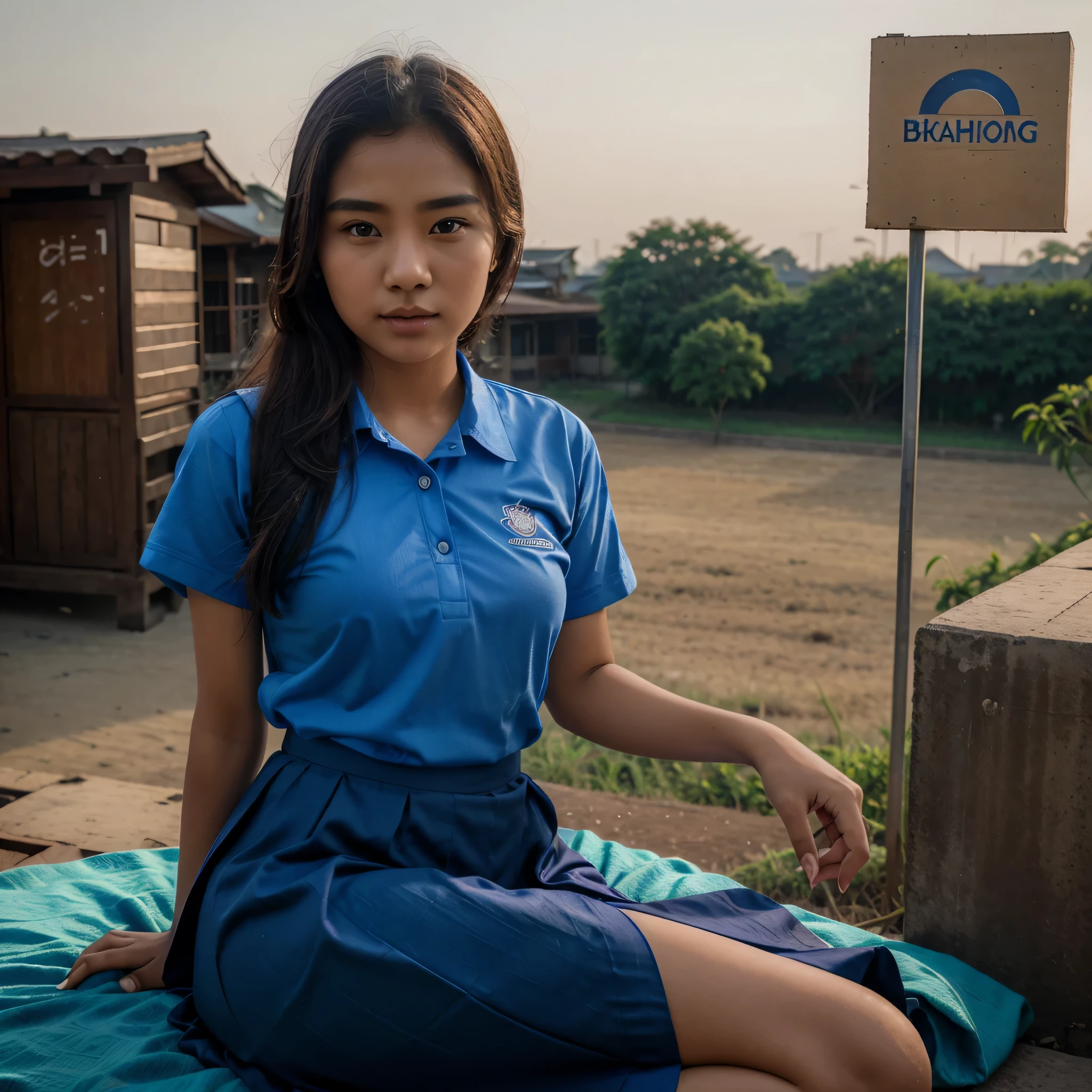 In the evening , beautiful myanmar young girl , wearing blue shirt, shirt on logo is "having you near me"sharp high quality,8k, sitting on brench, wearing long skirt, looking to sky,