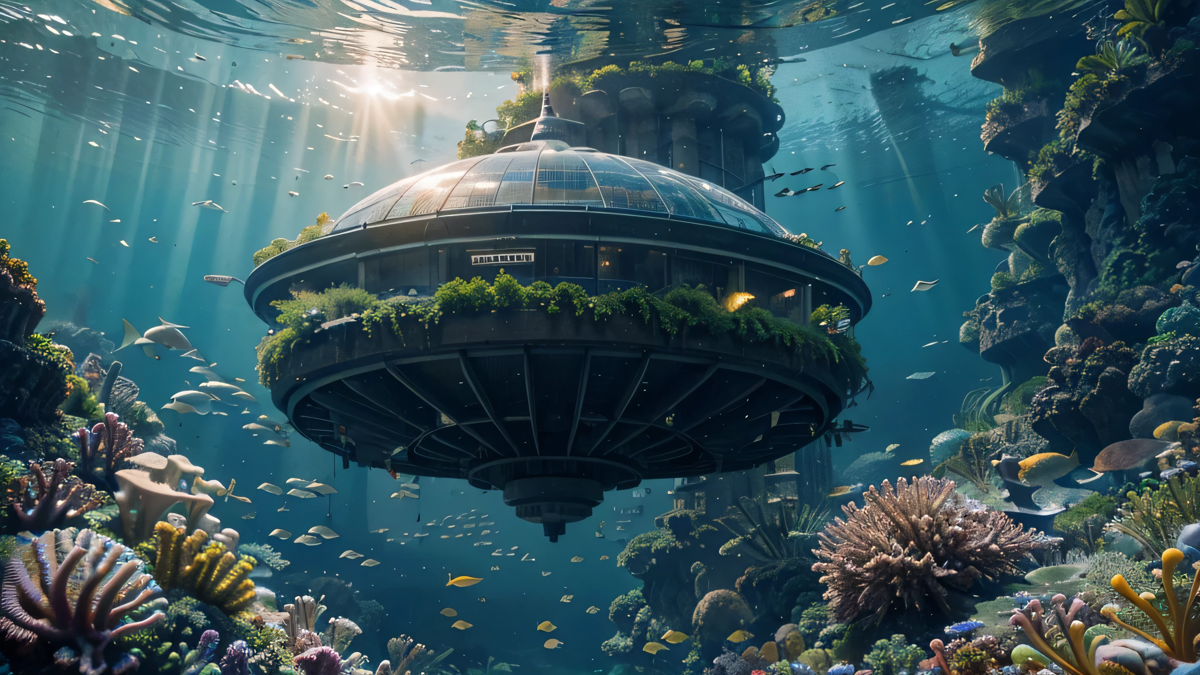 underwater city, sustainable technology, innovative, energy production, waste management, food cultivation, advanced infrastructure, futuristic architecture, transparent dome, underwater structures, efficient transportation system, renewable energy sources, solar panels, tidal turbines, hydroponic gardens, vertical farming, algae cultivation, marine life integration, bioluminescent lighting, sustainable materials, eco-friendly, biodome, underwater ecosystem, harmony with nature, vibrant colors, immersive experience, detailed cityscape, realistic, high resolution, sharp focus, professional, vivid colors, bokeh, HDR, studio lighting, ultra-fine painting