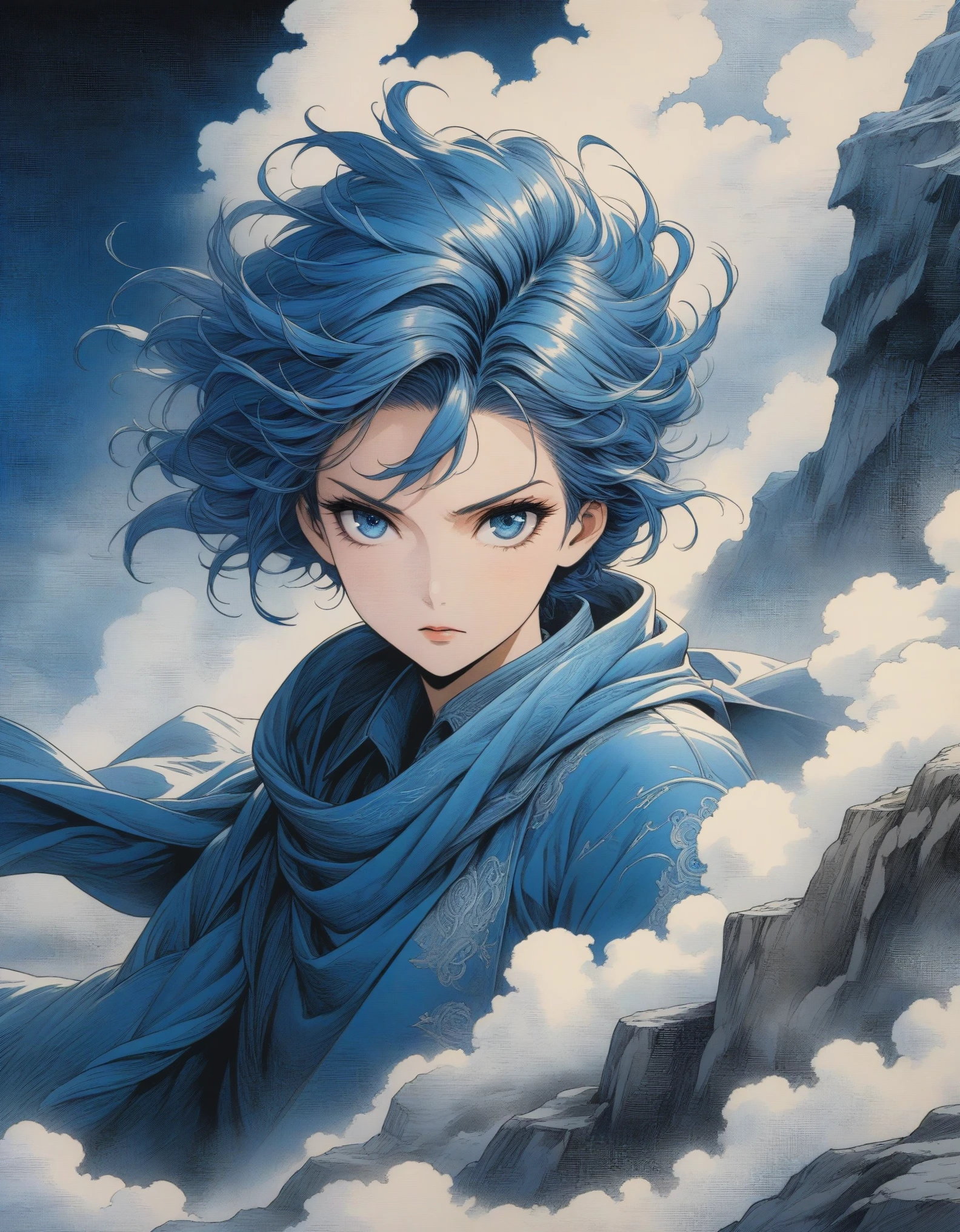 in style of comic cover , portrait，（A close-up of an anime character domineering president with blue hair and blue eyes sitting on a cliff, wearing blue clothing，Flying clothes，Strong wind，Dense fog，blue ark night,  Fine details blue theme，in style of coloring book , 