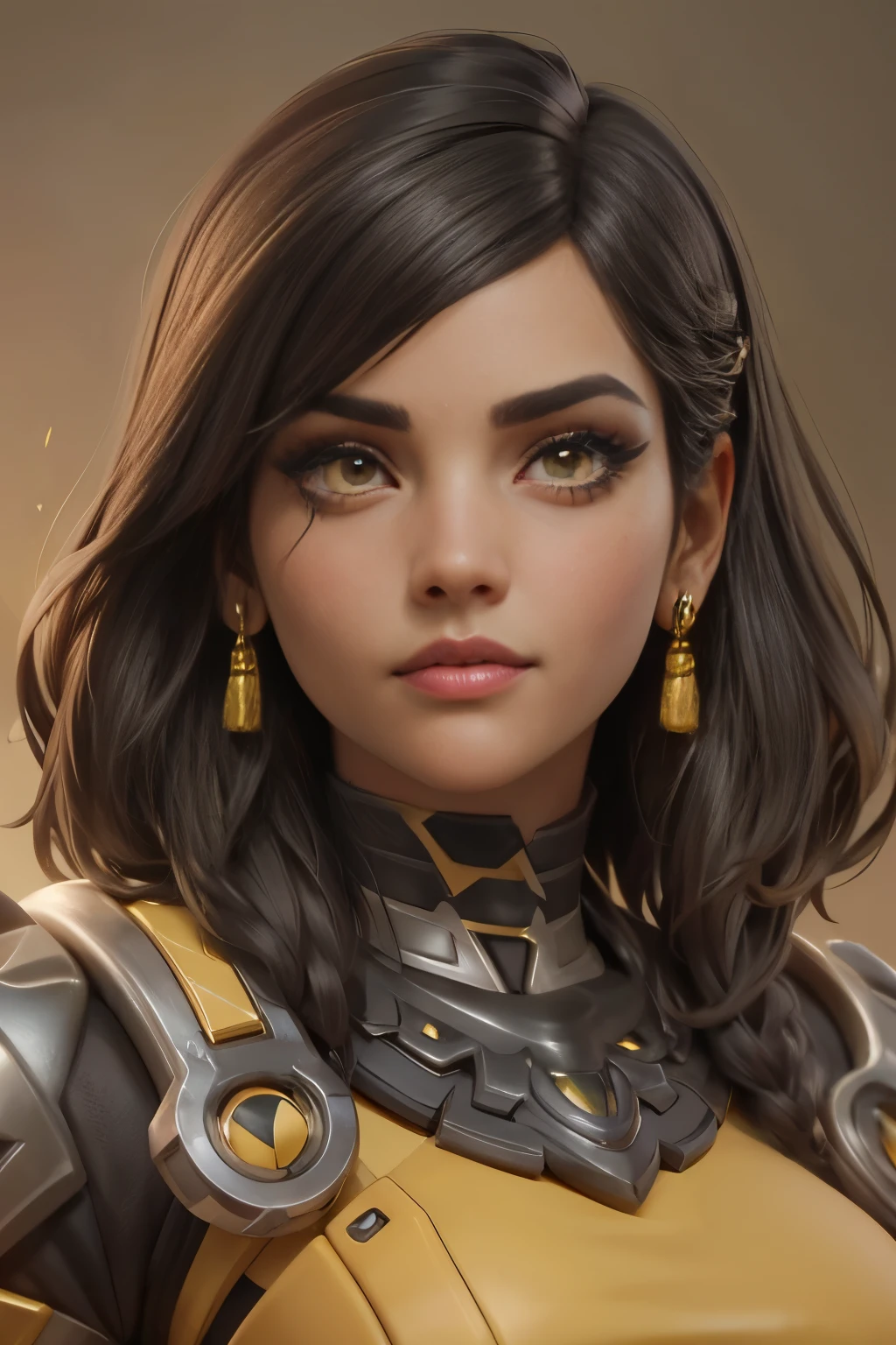 hyper realistic portrait shot of a beautiful egyptian queen, looking down proudly on the camera with her (expressive yellow eyes), tanned skin tone , thin nose, thick kissable parted lips , (black blunt bob hair with braided bangs), golden accessories and jewelries , (thick eyeliner), (eye makeup), (OverwatchPharah haircut)