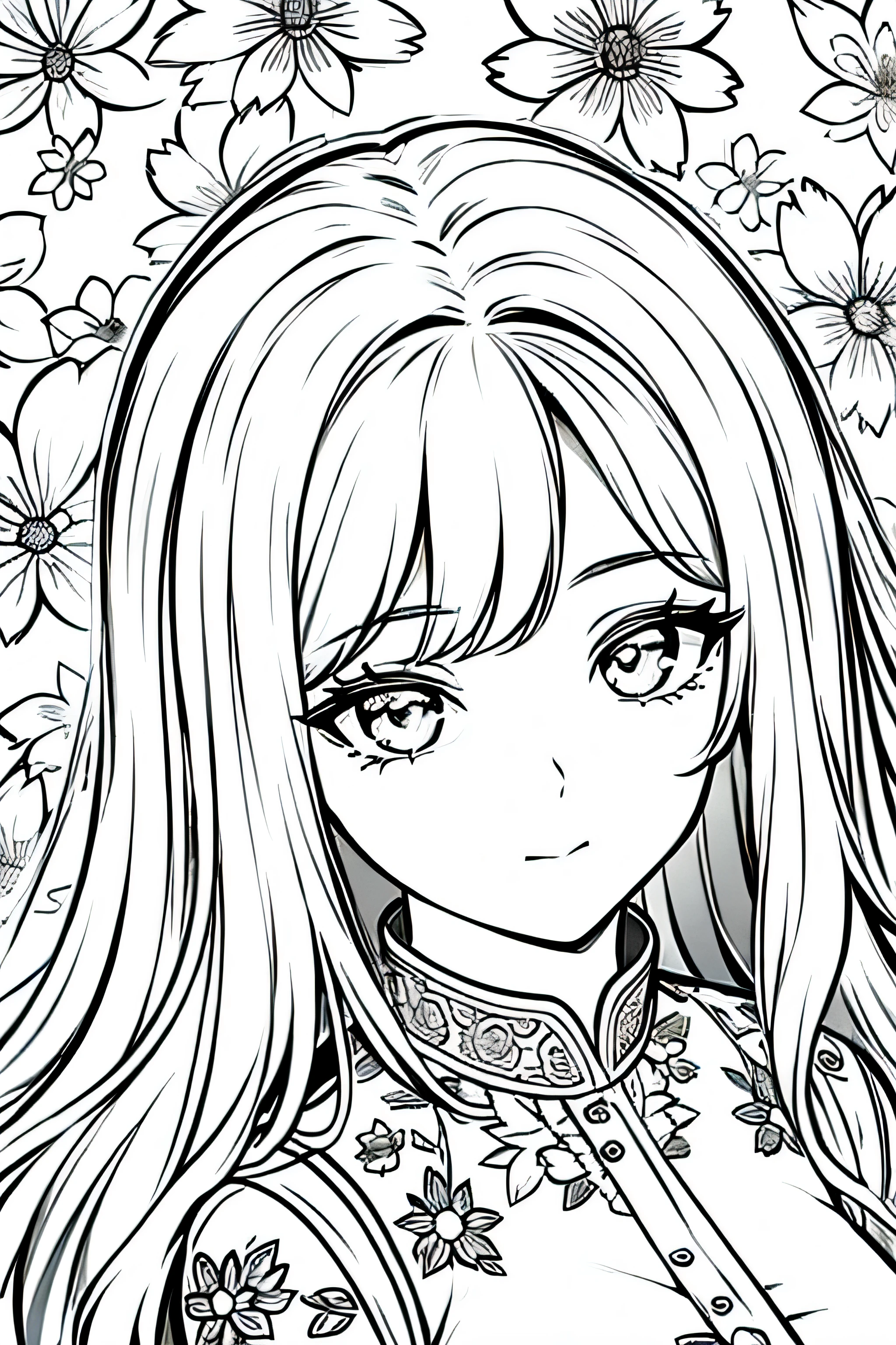 best quality, high resolution, detailed background, high contrast, 1 girl cute, close-up of the head, floral background, clean line drawings, vibrant colors