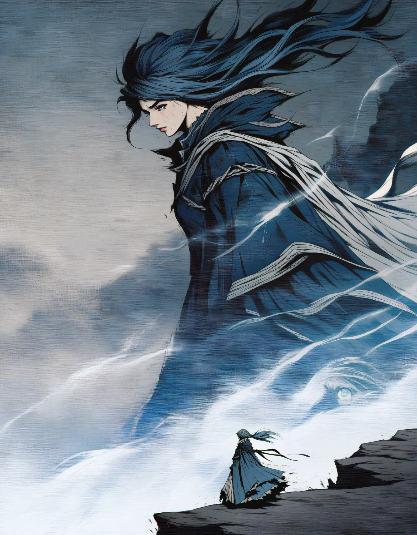 （Close-up of an anime character boss with blue hair and blue eyes standing on a cliff），long hair，big eyes resolute，tears ,Slash demons and remove demons，handsome guy, wearing blue clothing，Flying clothes，Strong wind，Dense fog，blue ark night,  Fine details blue theme，