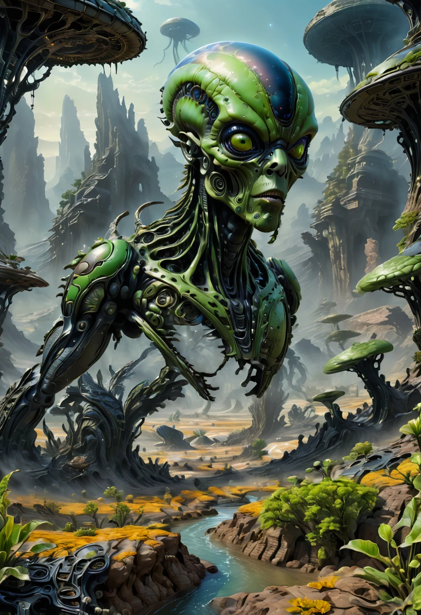 Beautiful female alien, Realisticstyle, organism, sci-fy, Dark, Smooth texture, Shiny exoskeleton, Biomechanical design, elongated head, elongated chin, dentes pontiagudos, Sharp black eyes, long slim figure, Biomechanical tail, Translucent film, spooky ambiance, lush alien landscape, Vibrant flora, Mysterious rock formations, Ambient lighting, waterfallr, ethereal mist, Distant alien sky, Fascinating celestial bodies