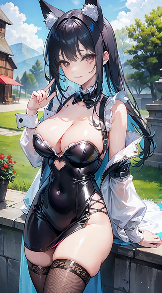high quality, masterpiece, super detailed, 1 girl,  extremely detailed faces, Wedding dress，White latex bunny girl，White fishnet stockings，handcuffs，collar，Calm expression,Smile，handcuffs，collar，long black hair, charming pink eyes, fox ears, Ridiculously big, shiny skin, Outdoor sports, garden, Medieval western town, 