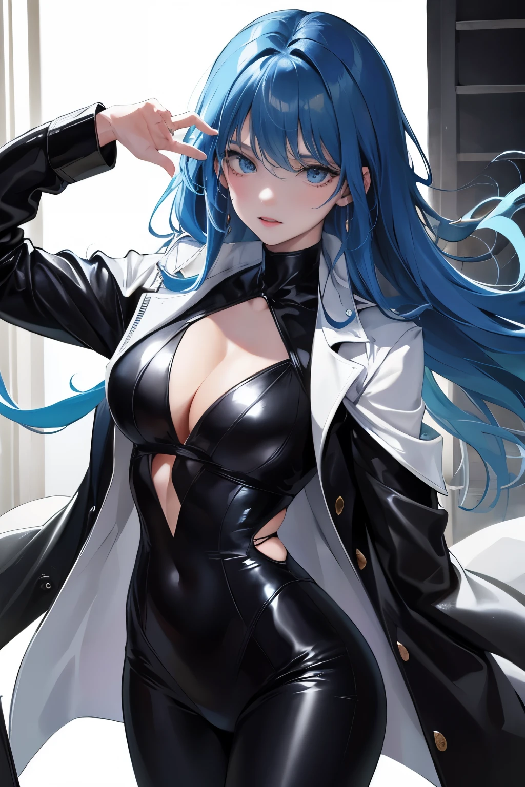 (highest resolution, clear_image) highest quality, a female's masterpiece, very detailed, semi-realistic,(most of the body), (highest quality, masterpiece, Super realistic),blue hair, wolf cut, Torn black bangs, open jacket, shadows on the eyes, long hair, wolf cutの髪, green and blue stripes in hair, Eyes down, gone crazy, cowboy view,intimidating pose、(The whole body from head to foot)、Powerful atmosphere、Sharp eyes、glare at、cool beauty、pressure、put on a white coat、Leather goods、comb your hair、final boss、adult woman、Being Calm、Great people、Hair ruffles、Black dress suit、black pants、hall々walking with、The inner is dark blue