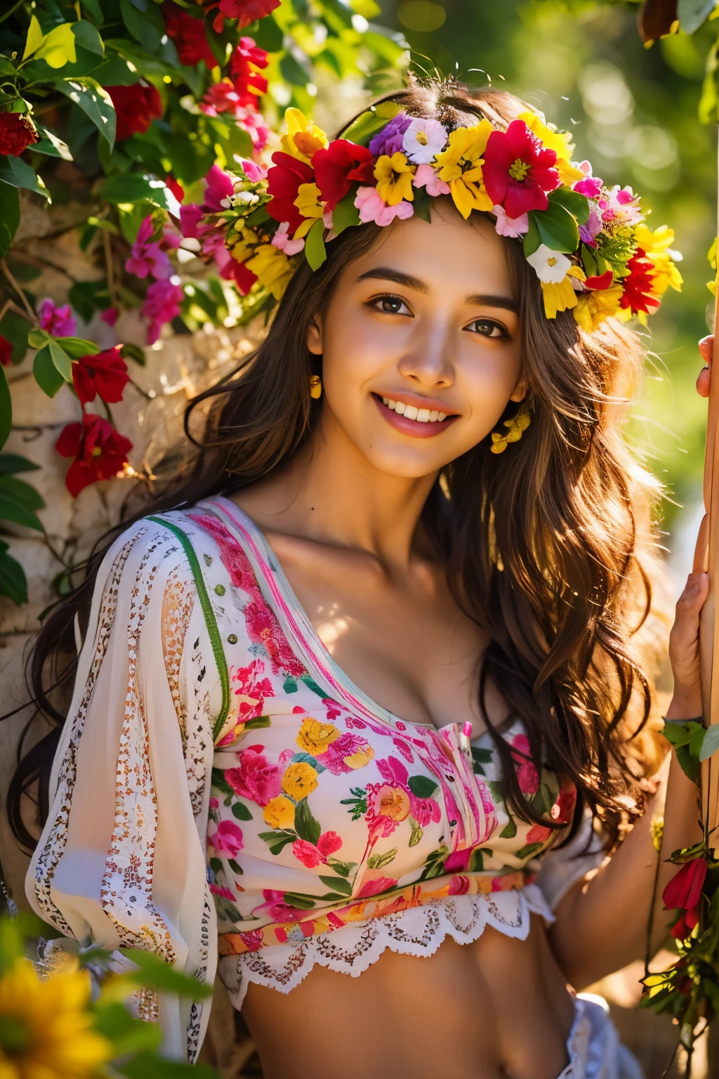 (best quality,realistic:1.2),beautiful Spanish girl,detailed eyes,luscious lips,flowing brunette hair,warm sunlight,captivating smile,vibrant colors,traditional Spanish dress,flower crown,garden background,floral elements,rich texture,portrait style,soft and natural lighting, (NSFW:1.3)