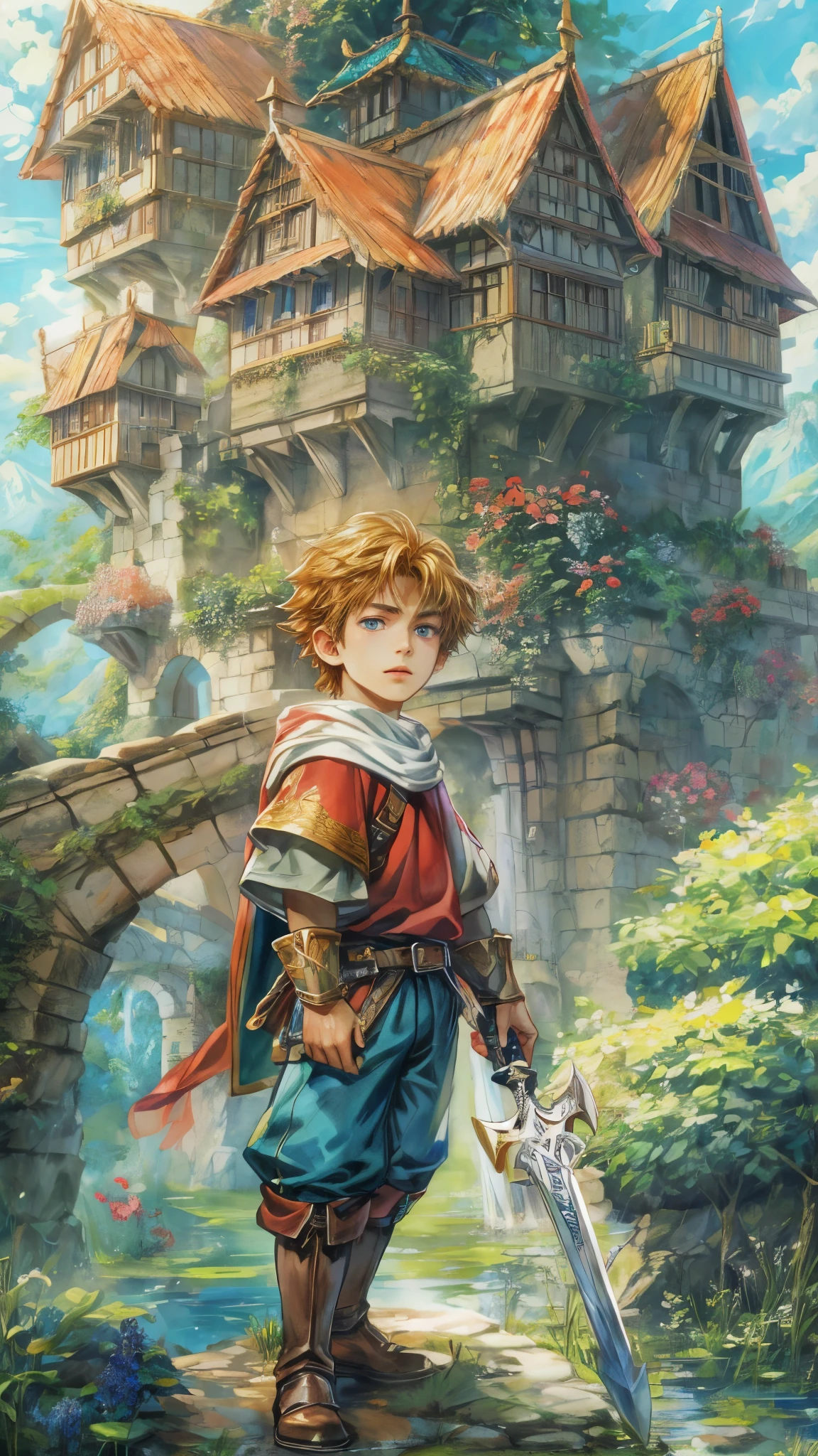 (absurdres, highres, ultra detailed, HDR), masterpiece, best quality, portrait of a young boy character from "Sword of Mana", a male hero in a detailed scenery town of topple, detailed background scenery 