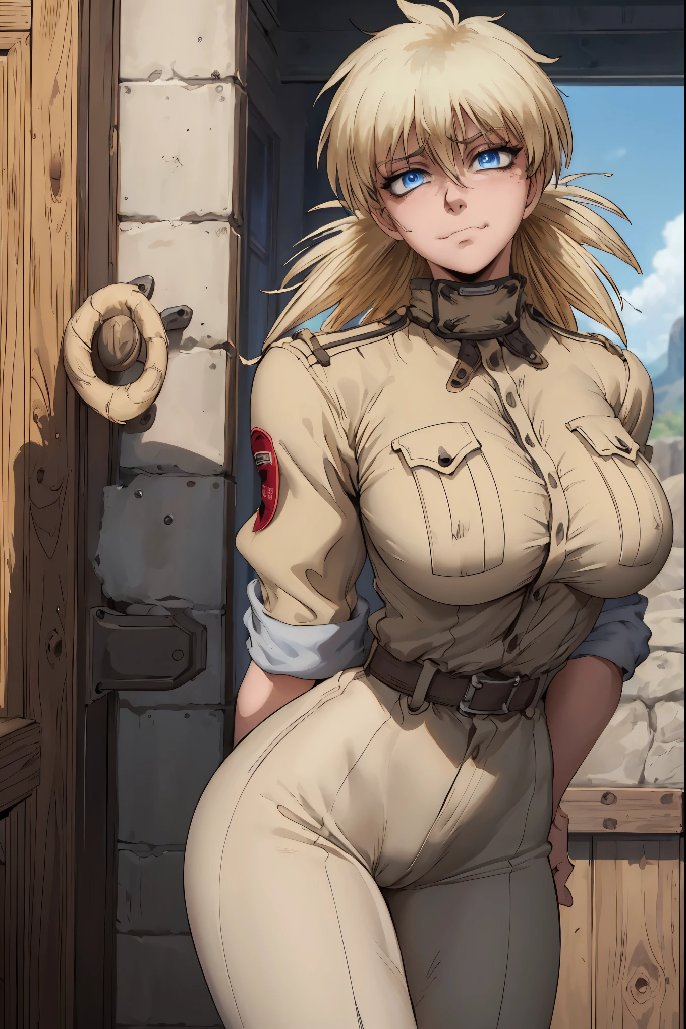 (masterpiece, best quality:1.2), cowboy shot, solo, 1girl, seras, expressionless, blonde hair, large ass, huge breasts, small waist, sexy, masterpiece, well drawn face, front view, blue eyes, ((arms behind back)), ((smug)), smug expression 