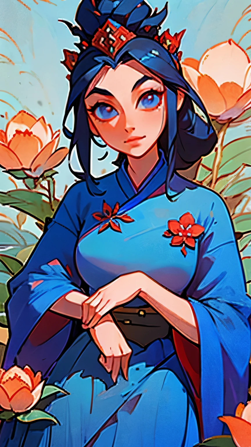 arafed woman in a blue dress with a red flower in her hair, a detailed painting inspired by Lan Ying, pixiv, fantasy art, ancient chinese princess, ancient chinese beauties, chinese princess, ancient asian dynasty princess, beautiful render of tang dynasty, a beautiful fantasy empress, chinese empress, palace ， a girl in hanfu, ((a beautiful fantasy empress))