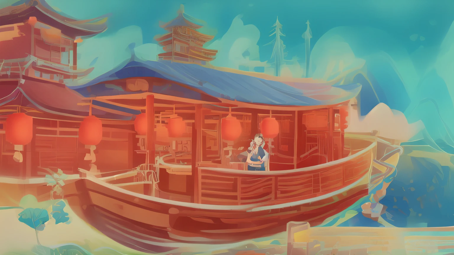 Coloring page of Chinese themed ship, 2 d game line art behavior hd, 2d game line art behavior hd, stylized lines, clean lines, Line work concept art, detailed line art, line art behavior hd, Inspired by Tawaraya Sotatsu, Animation city line drawing, line art, Very detailed lines