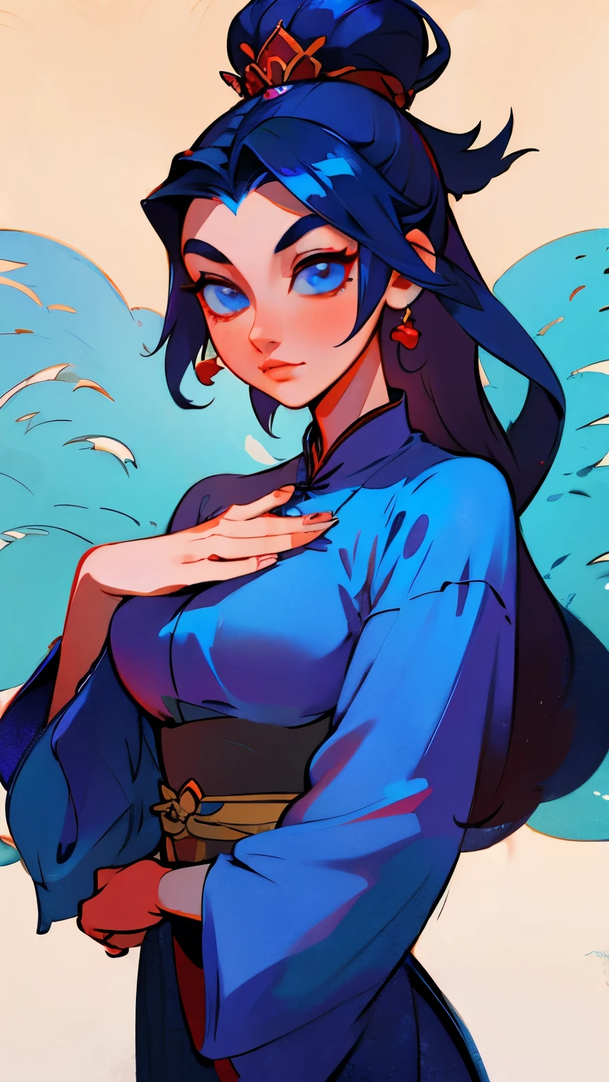 arafed woman in a blue dress with a red flower in her hair, a detailed painting inspired by Lan Ying, pixiv, fantasy art, ancient chinese princess, ancient chinese beauties, chinese princess, ancient asian dynasty princess, beautiful render of tang dynasty, a beautiful fantasy empress, chinese empress, palace ， a girl in hanfu, ((a beautiful fantasy empress))