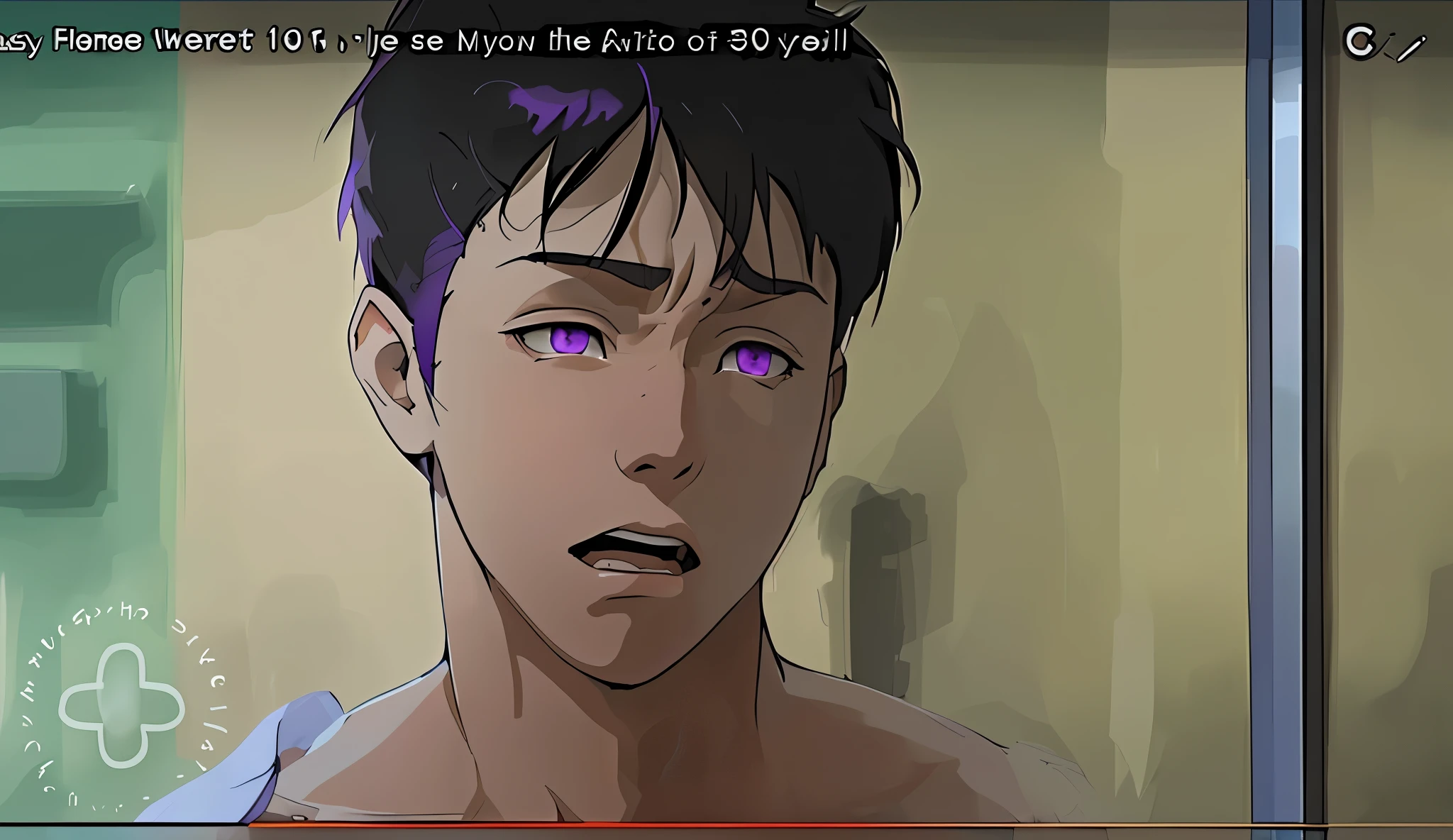 cute young male 16 years old purple hair purple eyes is upset