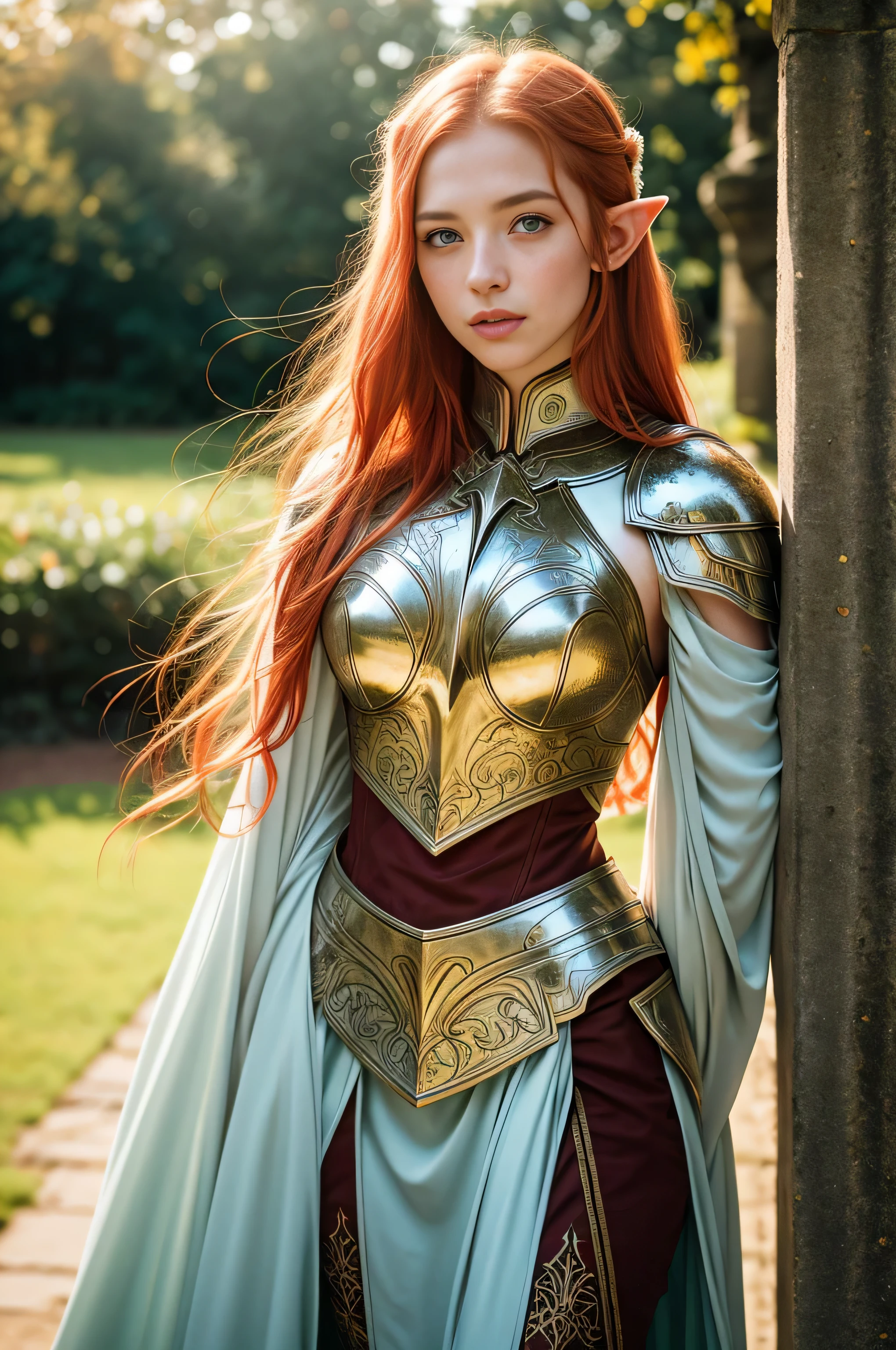 Masterpiece, a beautiful female elf knight (Lily Larimar 1.0), bright eyes, red hair, broad shoulders, strong body, high detail pale skin with light freckles, high detail filigree elf armor, outside, (skin texture:1.1), best quality, ultra high res, Raw photo, Nikon D850, backlight, rimlight, bright sunlight, film grain:1.2, (warm hue, warm tone:1.2), (color photo), fantasy castle background