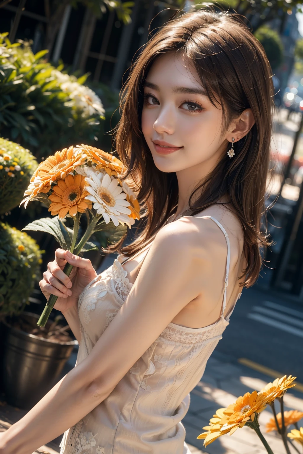 (best quality, 8k,32k,masterpiece, UHD:1.2),extremely detailed CG unity 8k wallpaper,intricate details,Raw photo,(photorealistic:1.4),atmosphere,ultra high res,Realistic,Real,Huge_filesize,incredibly absurdres,(centered:1.3),Ultra illustration,(ultra-detailed),cinematic lighting,various colors,depth of field,art by krenz cushart,golden hour lighting,taken by Canon EOS,SIGMA Art Lens 35mm F1.4,ISO 200 Shutter Speed 2000,blurry background,
BREAK,
1girl,(smile:1.4),slim body,(long straighthair:1.4),solo,20-year-old Japanese beautiful woman, unbuttoned white shirt,(Gerbera garden, orange lace camisole:1.6),(light brown hair:1.5),((brown eyes)),Large breasts,chest, Soft white skin that shines with every detail,pale skin,Very beautiful face,Very well-formed face,Natural and realistic face,Best,beautiful detailed eyes,striking eyes,Eyes drawn in detail, smile with your mouth closed,Detailed mouth,Detailed lips,shiny beautiful lips,Glossy lips,simple earrings,necklace,jewelry, solo focus,low neckline,
BREAK,
Back lighting,kool,Standing,
BREAK,
(Dutch angle:1.4),cowboy shot,looking at viewer,
BREAK,tzuyu,yui aragaki,