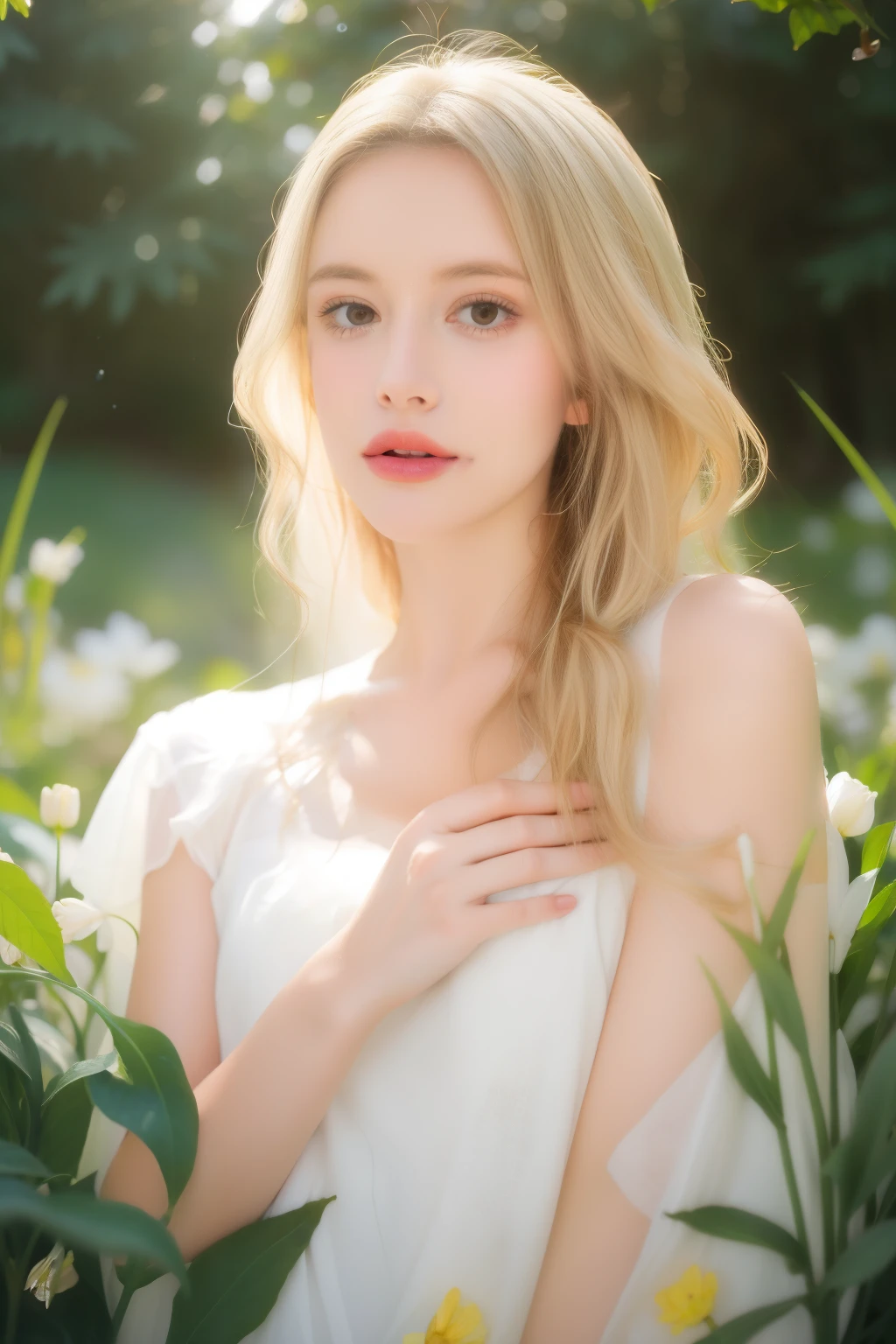 1girl, lying in milkandhoney, tongue out, licking milk, best quality,ultra-detailed,realistic,portrait,soft colors,soft lighting,pale skin,dreamy expression,delicate features,vibrant lips,golden hair,flowers in hair,flowing dress,peaceful atmosphere,dew drops on flowers,sunlight peeking through the trees,green grass and blooming flowers,simple and elegant background,subtle texture.