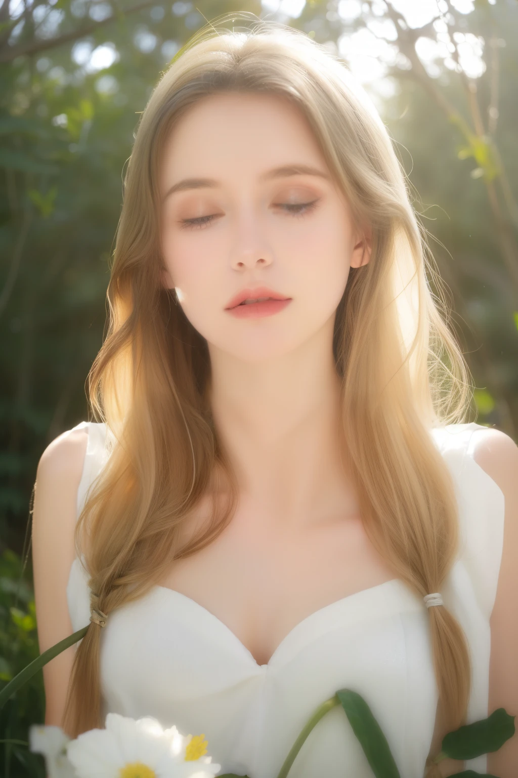 1girl, lying in milkandhoney, tongue out, licking milk, best quality,ultra-detailed,realistic,portrait,soft colors,soft lighting,pale skin,dreamy expression,delicate features,vibrant lips,golden hair,flowers in hair,flowing dress,peaceful atmosphere,dew drops on flowers,sunlight peeking through the trees,green grass and blooming flowers,simple and elegant background,subtle texture.