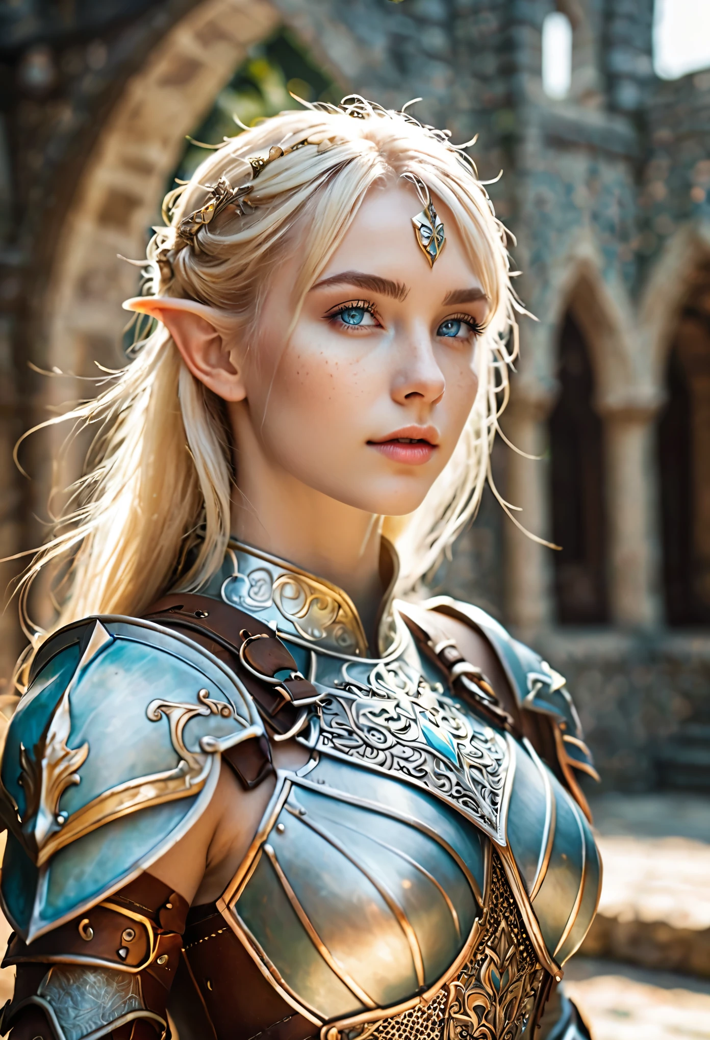 Masterpiece, a beautiful female elf knight (Lily Larimar 1.0), bright eyes, blonde hair, broad shoulders, strong body, high detail pale skin with light freckles, high detail filigree elf armor, outside, (skin texture:1.1), best quality, ultra high res, Raw photo, Nikon D850, backlight, rimlight, bright sunlight, film grain:1.2, (warm hue, warm tone:1.2), (color photo), high detailed fantasy castle background indoor