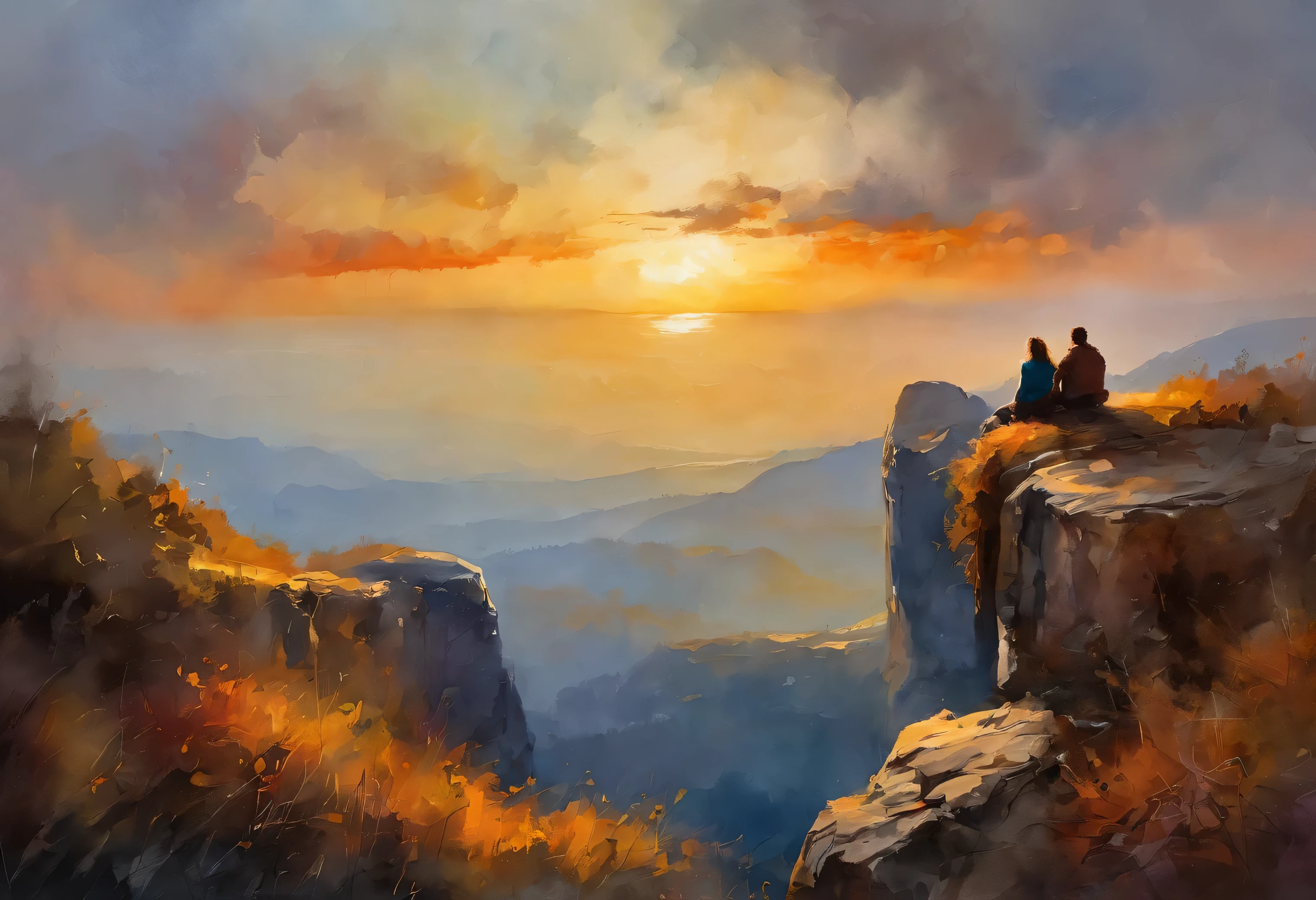 silhouette of a lovely couple sitting on the edge of a cliff watching the sunset artwork painting and spray paint effect, by Eugeniusz Zak, watercolor art, by Károly Lotz, watercolor painting, watercolor painting style, watercolor detailed art, by Reuben Tam, watercolor digital painting, watercolor paint, masterfully detailed watercolor, watercolor art, Grzegorz Rutkowski