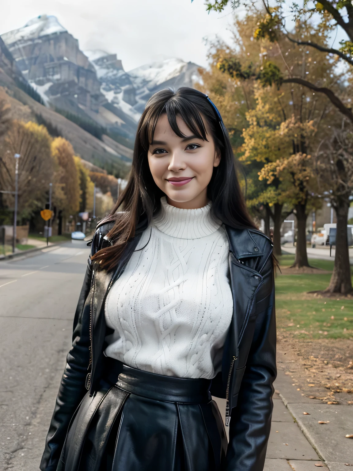 betty page smiling looking girl with and blue eyes and black leather coat , white wool sweater and a skirt on the endge of a montain and the photo is taken from up front