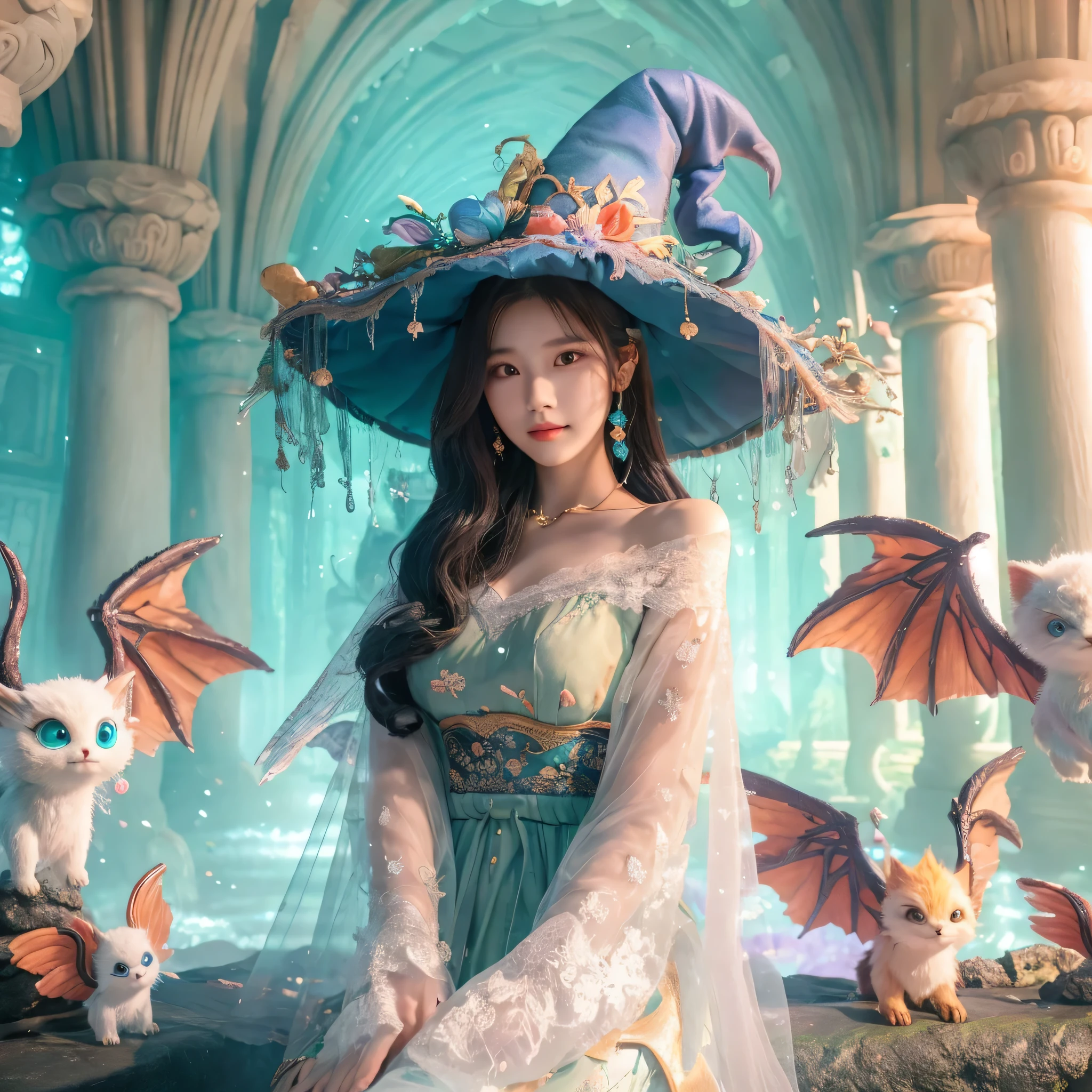 a beautiful Korean woman, beautiful face, as a witch, attractive pose, accompanied by a cute magical creature with bat wings and a long tail, is in the ruins of a temple, decorated with harmonious streams of light green blue orange, very detailed, best composition, masterpiece, UHD,32K