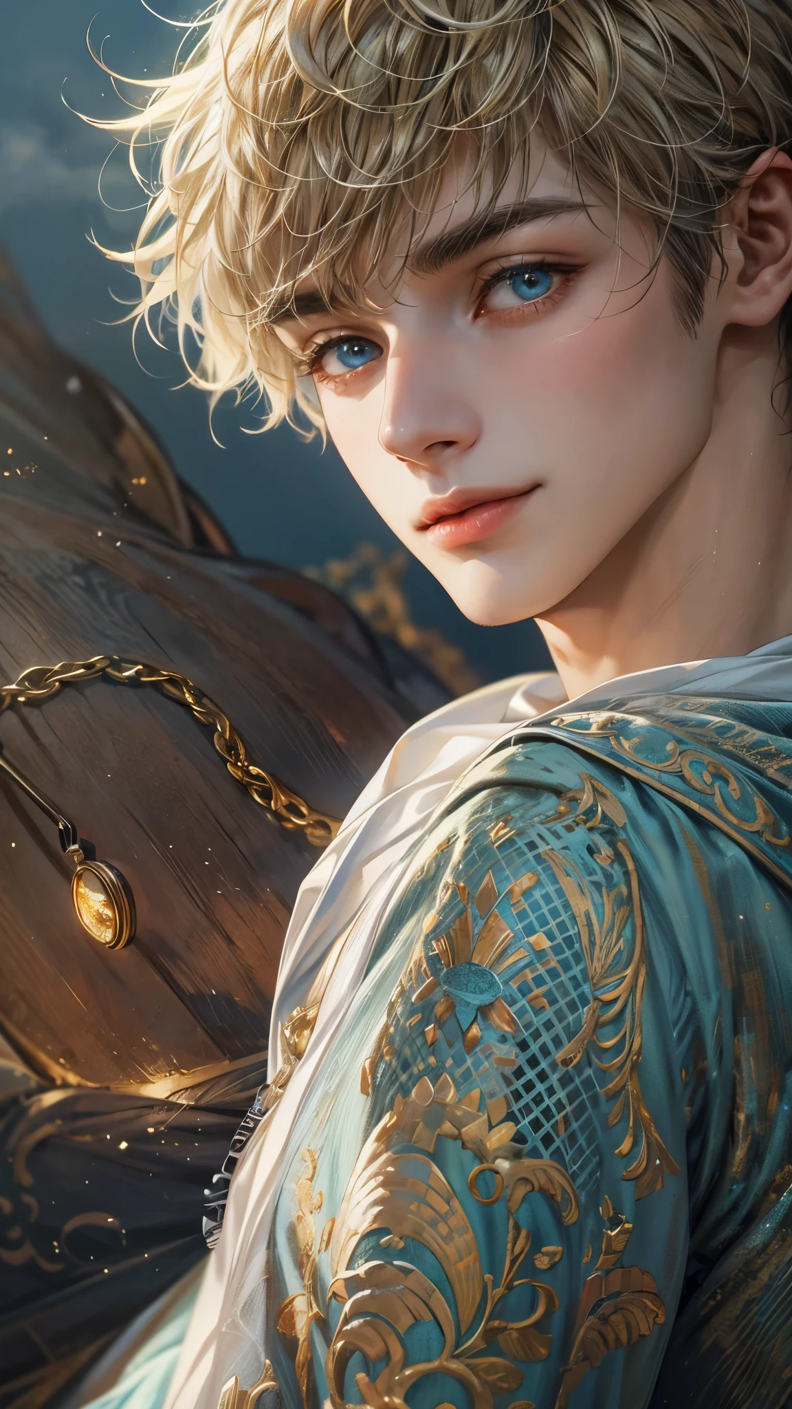 Portrait of the highest quality - 1 boy., 17 years, teenage, character from game of thrones, short hair, with golden strands, azure blue big eyes, lake, Solo-focal facial treatment for teenagers, shirtless , Beautiful, smiling, dynamic pose, detailed and correct facial structure, perfect face, extremely detailed, Dynamic angle, cowboy shot, The Most Beautiful Shape, elegant, Bright colors, romanticism, atmospheric. Bright, contrasting colors ! photo portrait of a handsome boy in the highest quality