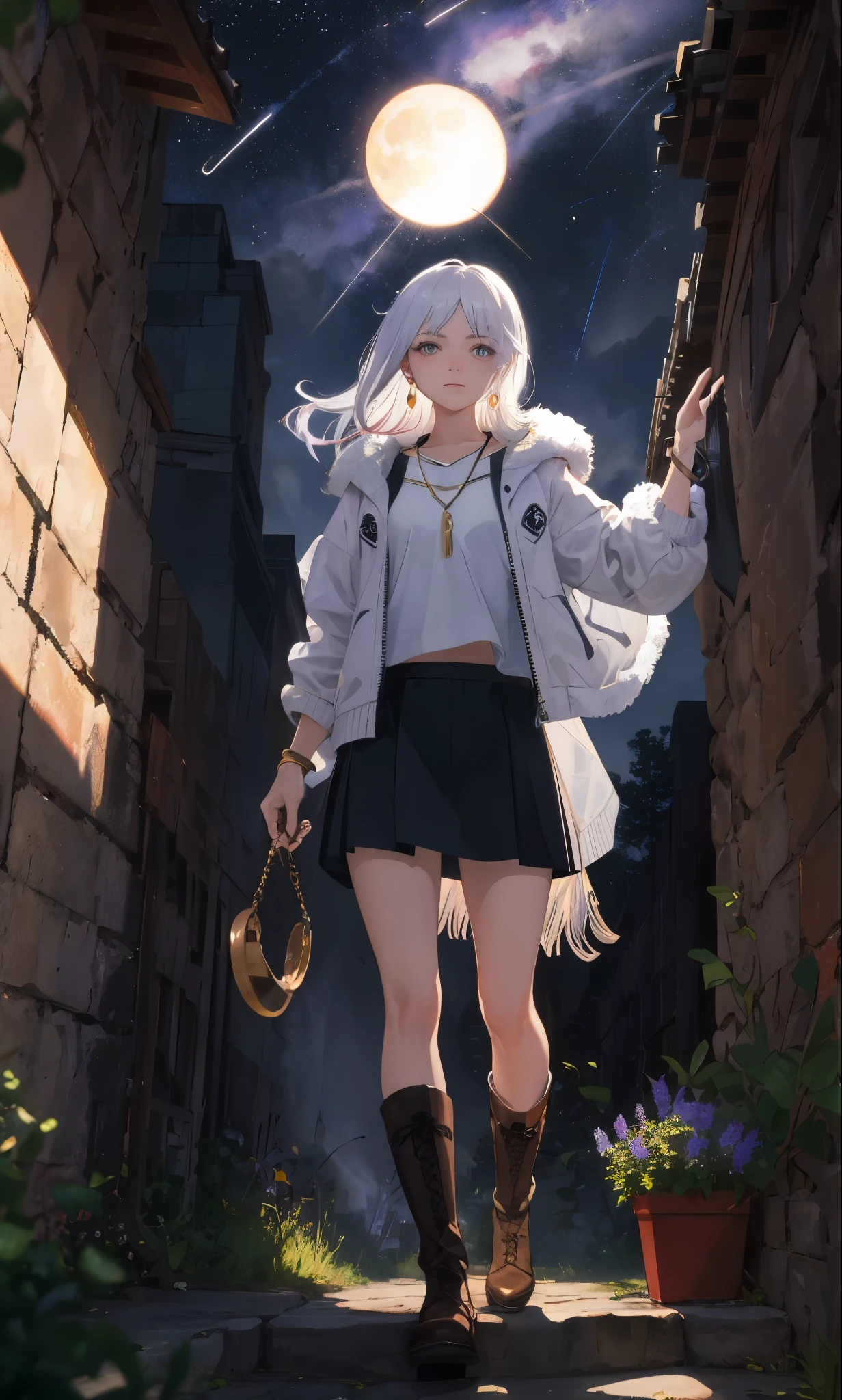 masterpiece,higher quality,high detail,ultra high resolution,8K resolution,depth of field,First-person perspective,the only person,woman,sheik,Thick eyebrows,Expressionless,purple hair,long white hair,Hoop earrings,bracelet,earrings,necklace,Iron thorns,leather skirt,fur shawl,combat boots,Facing the audience,dusk,cloudy day,meteor shower,plateau,canyon,movie lighting,Volumetric light,dusk law,bright sunshine rule