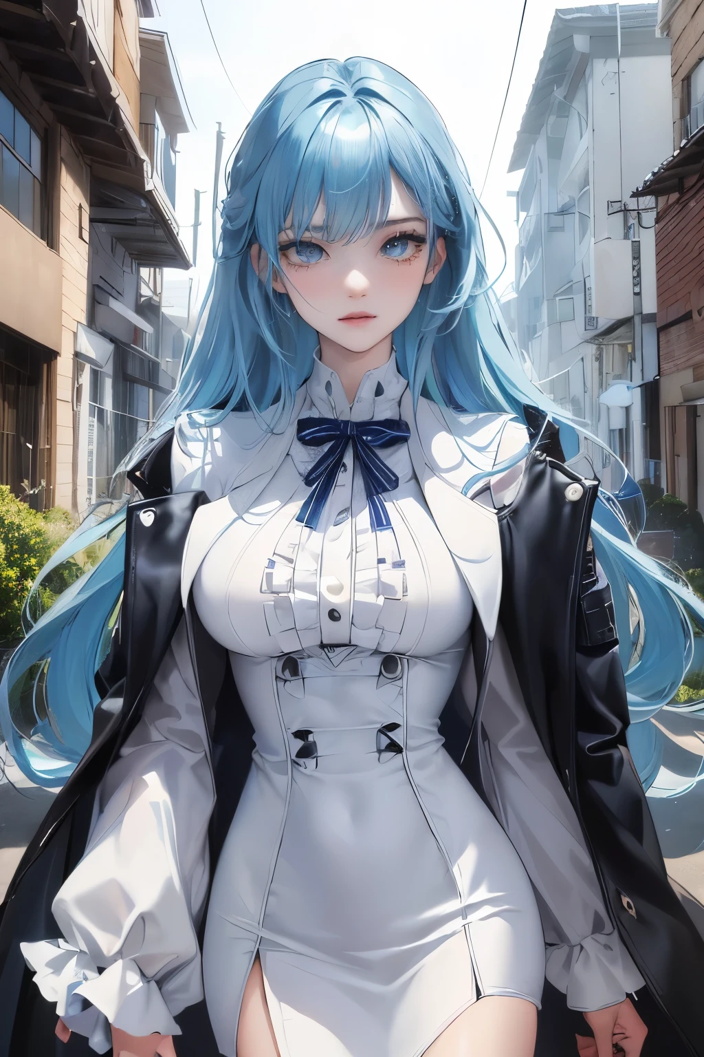 (highest resolution, clear_image) highest quality, a female's masterpiece, very detailed, semi-realistic,(most of the body), (highest quality, masterpiece, Super realistic),blue hair, wolf cut, Torn black bangs, open jacket, shadows on the eyes, long hair, wolf cutの髪, green and blue stripes in hair, Eyes down, gone crazy, cowboy view,intimidating pose、(The whole body from head to foot)、Powerful atmosphere、Sharp eyes、glare at、cool beauty、pressure、put on a white coat、Leather goods、comb your hair、final boss、adult woman、Being Calm、Great people、Hair ruffles、white dress suit、hall々walking with