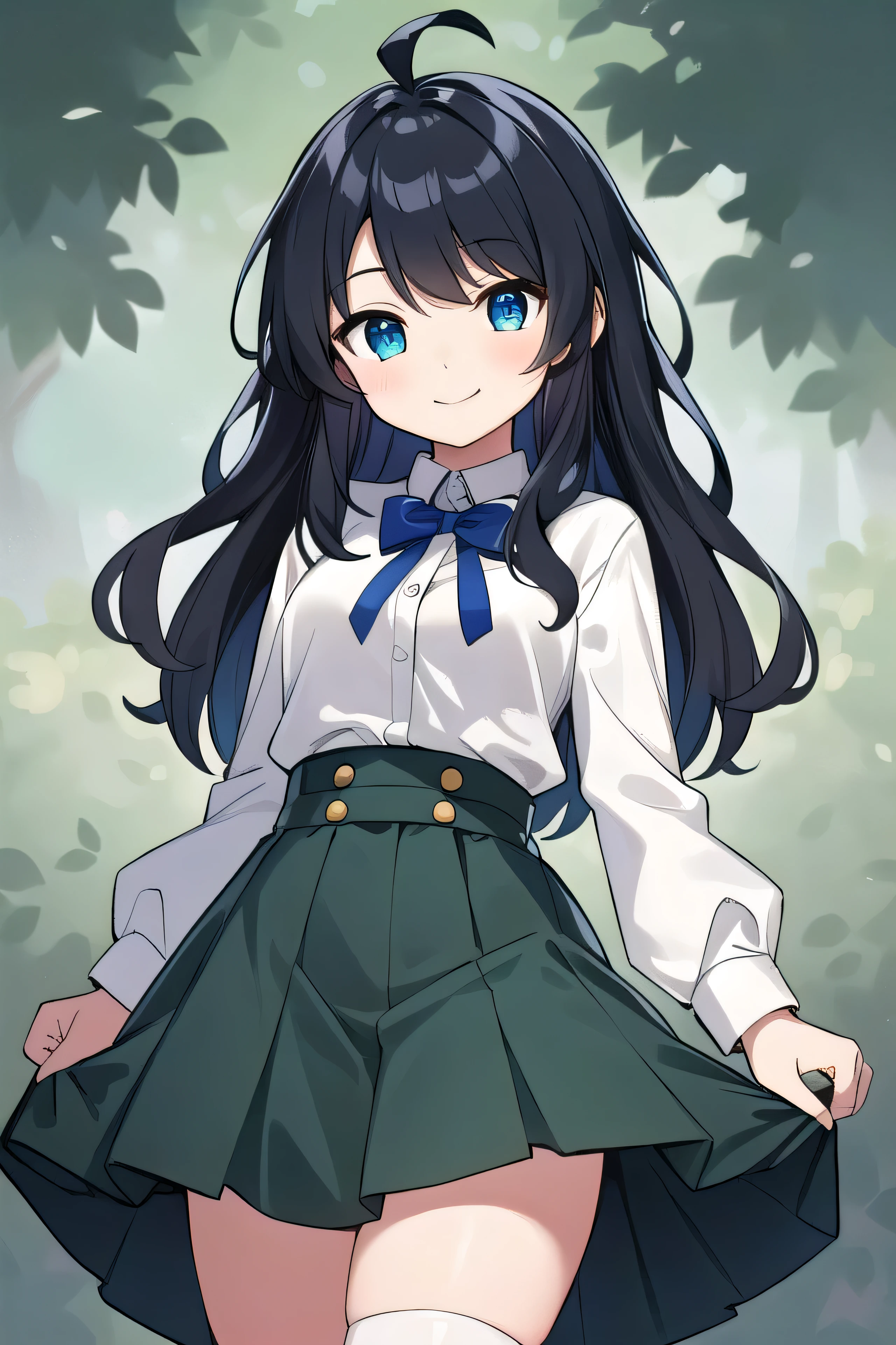 high schoolooks like an elementary school st short, 140cm tall, black hlight green tinge, short ahoge, beautiful long hair but with a little hair sticking out, beautiful round eyes, blue eyes, smile, boyish, long sleeves , thick clothes, skirt, big breasts, hair longer than waist, long hair, young face, dark greenish black hair, gentle smile, a little shy, skirt is black, hair is black but has a slight green tinge, boyish and gentle smile I have.