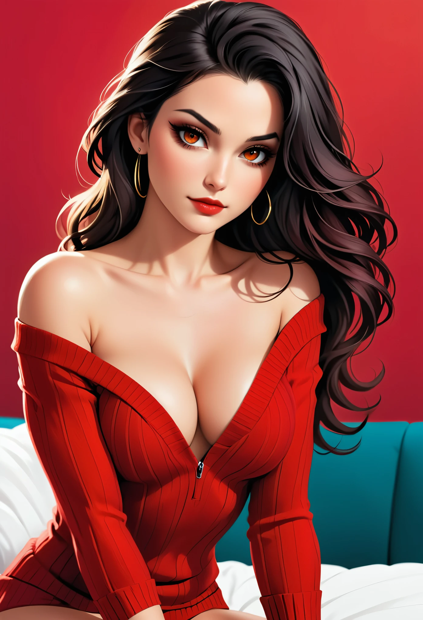 (best quality, highres, ultra-detailed, realistic:1.37), character concept art, beautiful woman, leaning over, red sweater falling off her shoulder, cleavage, extremely sexy, seductive, long hair, luscious lips, comic book art, rough colored sketch, vibrant colors, soft lighting