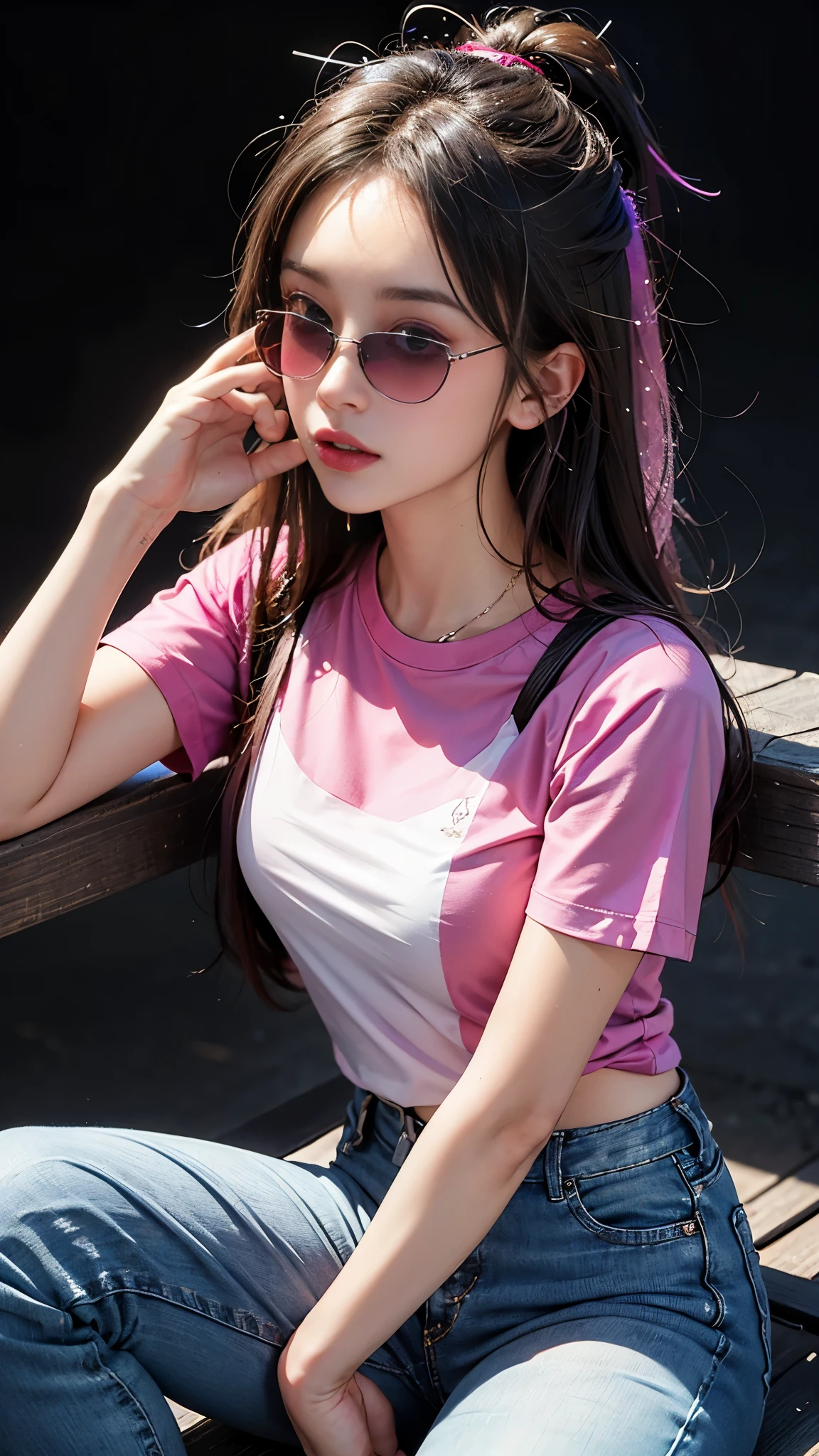 (best quality:1.2,4k ultra hd:1.2), a girl, beautiful face, full and glossy lips, long flowing hair, perfectly straightened, small breasts, (gradient magenta t-shirt:1.5), (black straps t-shirt:1.4), black jeans, complete with a cap, (sparkling sunglasses:1.5), capturing her character and charm, with a blurred background enhancing the relaxed atmosphere, showcasing her confidence and elegance, sitting,