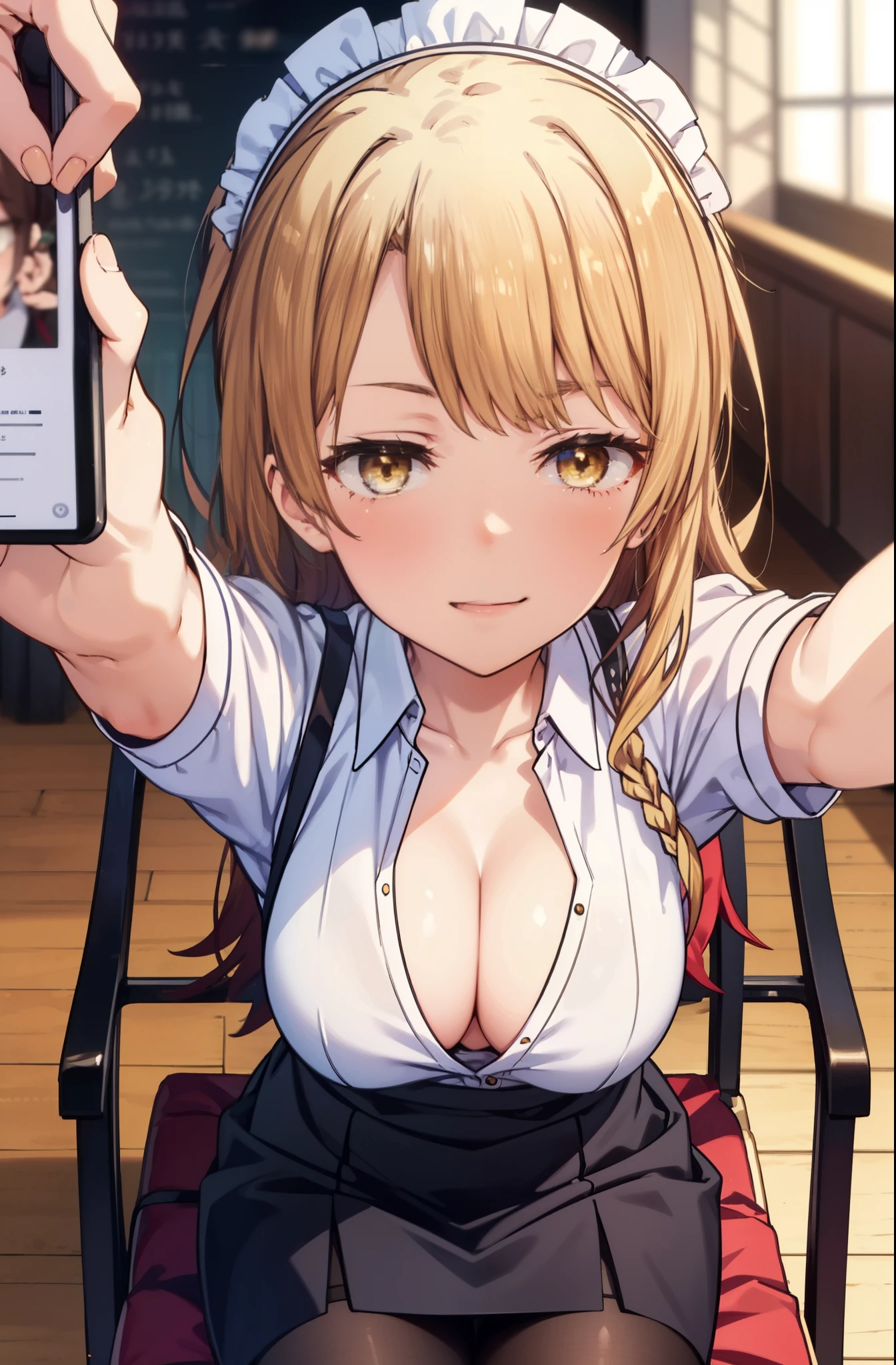 irohaisshiki, iroha isshiki, long hair, brown hair, (brown eyes:1.5), Take a selfie from above your head,with left hand, He opened the collar of his shirt to show his cleavage.,smile, smile, open your mouth,short braided hair,ponytail,blush,smile,Maid clothes open collar,Medium chest,she was wearing a miniskirt, black pantyhose, sitting cross-legged on a chair,Make sure the whole body is included in the illustration,
break indoors, coffee shop,
break looking at viewer,
break (masterpiece:1.2), highest quality, High resolution, unity 8k wallpaper, (shape:0.8), (fine and beautiful eyes:1.6), highly detailed face, perfect lighting, Very detailed CG, (perfect hands, perfect anatomy),
