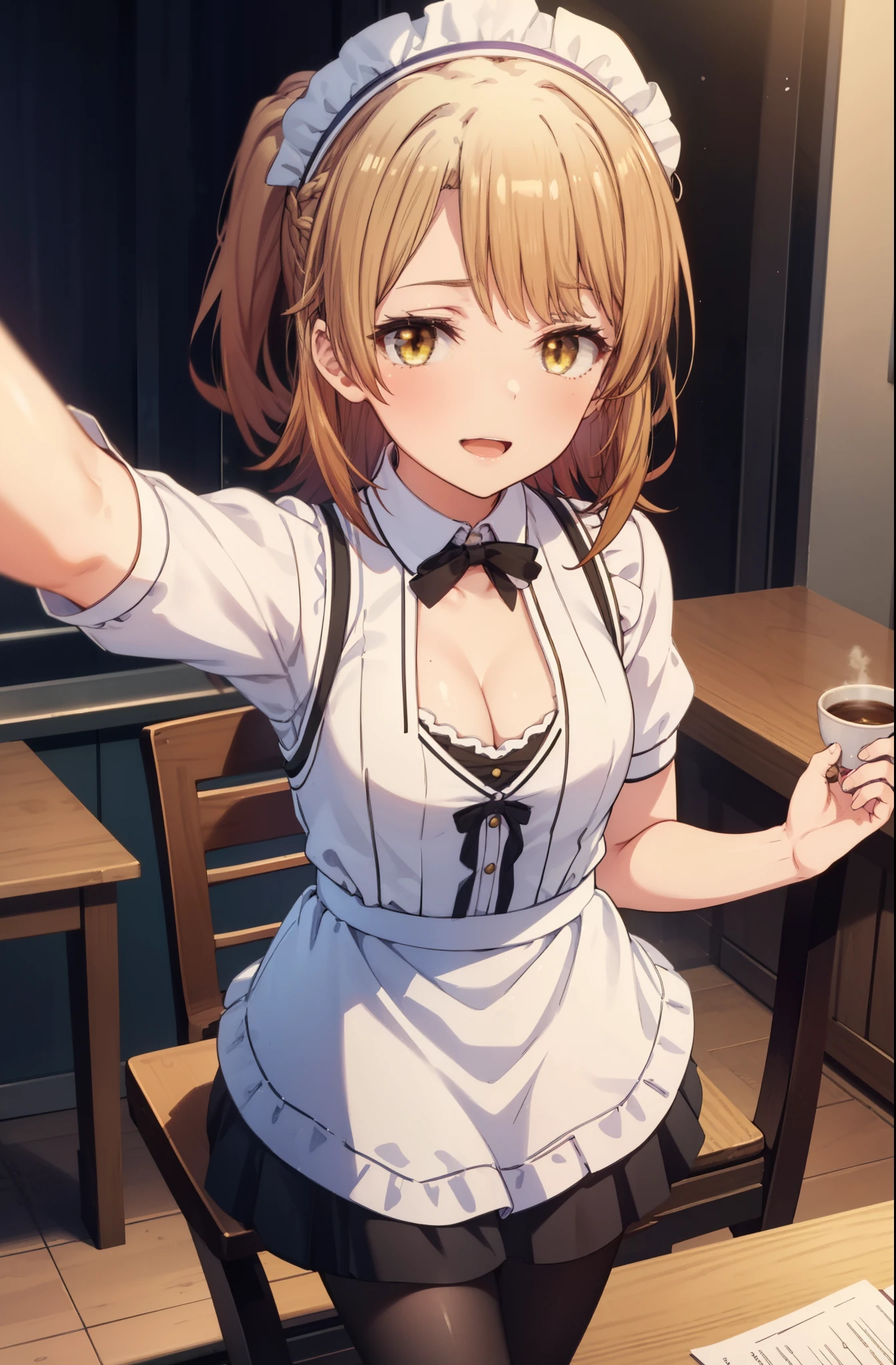 irohaisshiki, iroha isshiki, long hair, brown hair, (brown eyes:1.5), Take a selfie from above your head,with left hand, He opened the collar of his shirt to show his cleavage.,smile, smile, open your mouth,short braided hair,ponytail,blush,smile,Maid clothes open collar,Medium chest,she was wearing a miniskirt, black pantyhose, sitting cross-legged on a chair,Make sure the whole body is included in the illustration,
break indoors, coffee shop,
break looking at viewer,
break (masterpiece:1.2), highest quality, High resolution, unity 8k wallpaper, (shape:0.8), (fine and beautiful eyes:1.6), highly detailed face, perfect lighting, Very detailed CG, (perfect hands, perfect anatomy),
