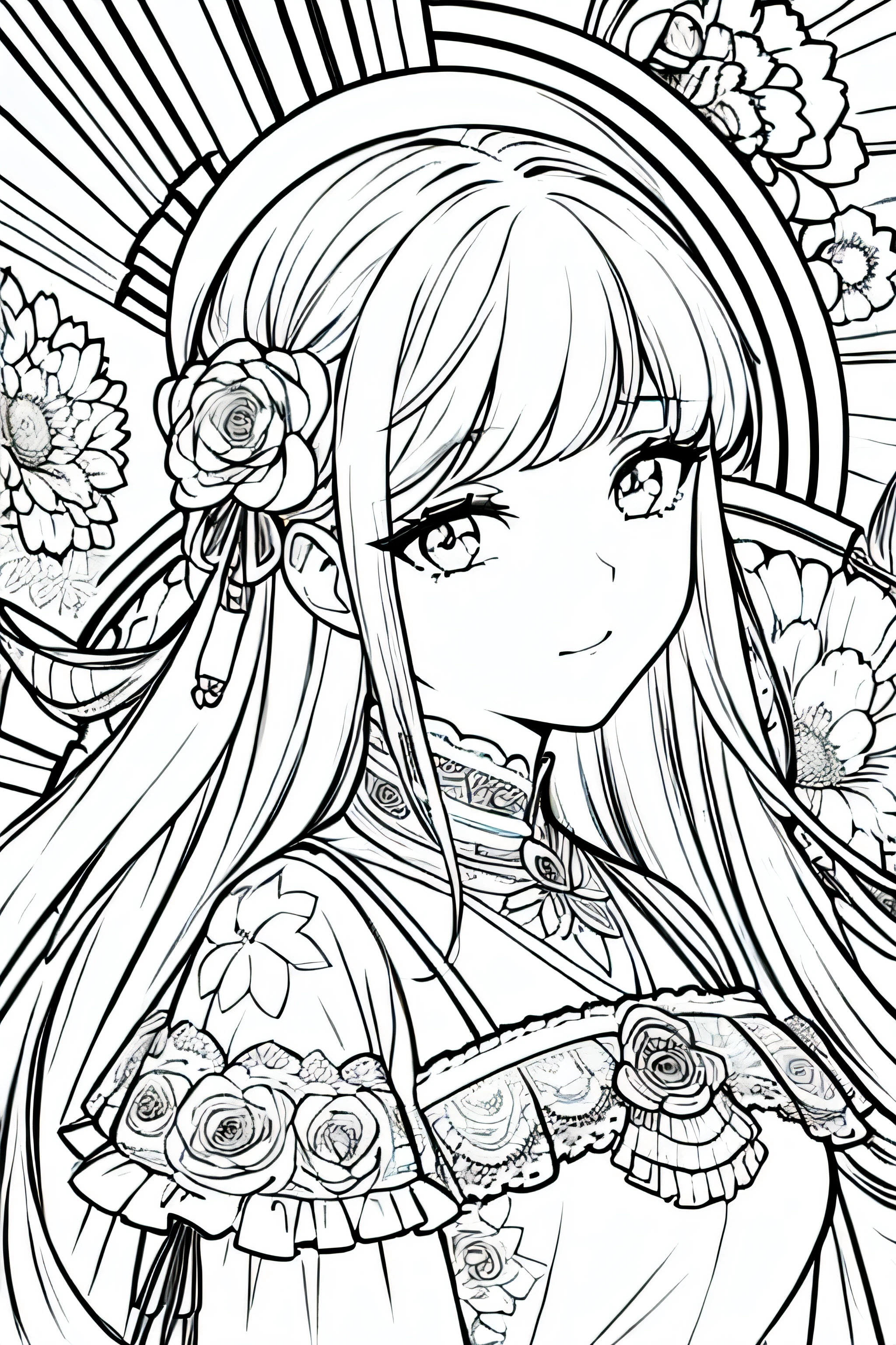 best quality, high resolution, detailed background, high contrast, 1 girl cute, dress, close-up of the head, floral background, clean line drawings, vibrant colors