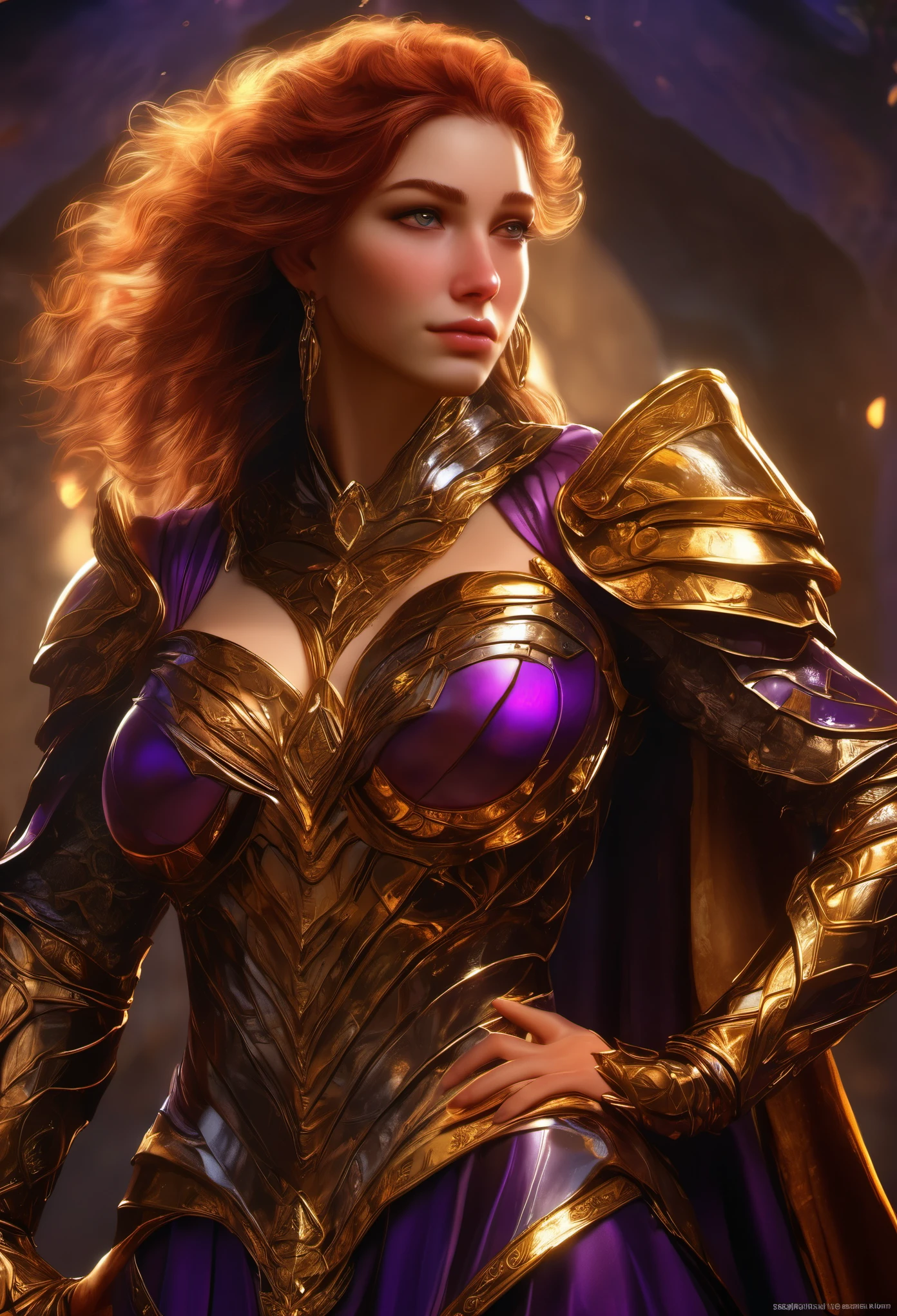 (high quality,4k,masterpiece:1.2),ultra-detailed,photorealistic,HDR,UHD,studio lighting,physically-based rendering,proportions and anatomy,shiny armor,painted textures,golden intricate details,purple fabric draping,confident pose,intense gaze,exquisite lighting,concept art,colour grading,shadow and highlight contrast,bokeh