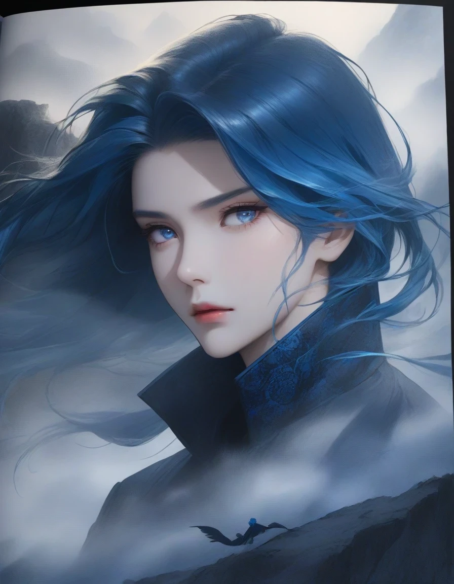in style of Halftone print , portrait,(A close-up of an anime character domineering president with blue hair and blue eyes sitting on a cliff, wearing blue clothing,Flying clothes,Strong wind,Dense fog,blue ark night, Fine details blue theme,in style of coloring book ,