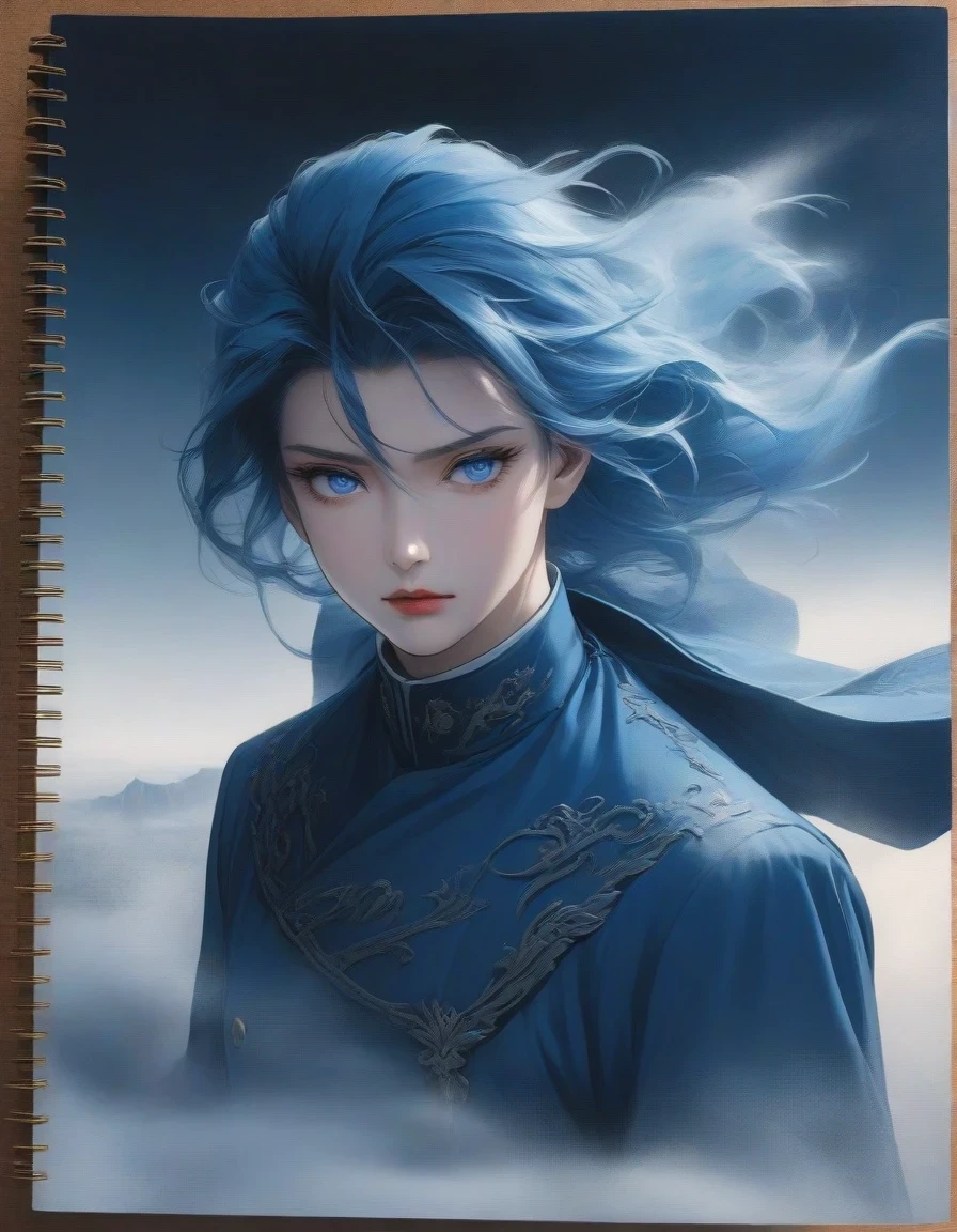 in style of Halftone print , portrait,(A close-up of an anime character domineering president with blue hair and blue eyes sitting on a cliff, wearing blue clothing,Flying clothes,Strong wind,Dense fog,blue ark night, Fine details blue theme,in style of coloring book ,