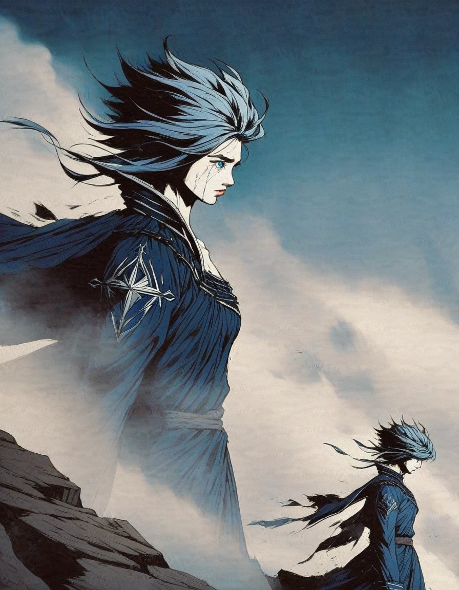 （Close-up of an anime character boss with blue hair and blue eyes standing on a cliff），long hair，big eyes resolute，tears ,Slash demons and remove demons，handsome guy, wearing blue clothing，Flying clothes，Strong wind，Dense fog，blue ark night,  Fine details blue theme，