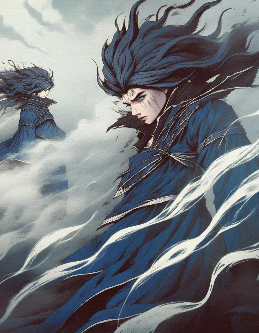 （Close-up of an anime character boss with blue hair and blue eyes standing on a cliff），long hair，big eyes resolute，tears ,Slash demons and remove demons，handsome guy, wearing blue clothing，Flying clothes，Strong wind，Dense fog，blue ark night,  Fine details blue theme，