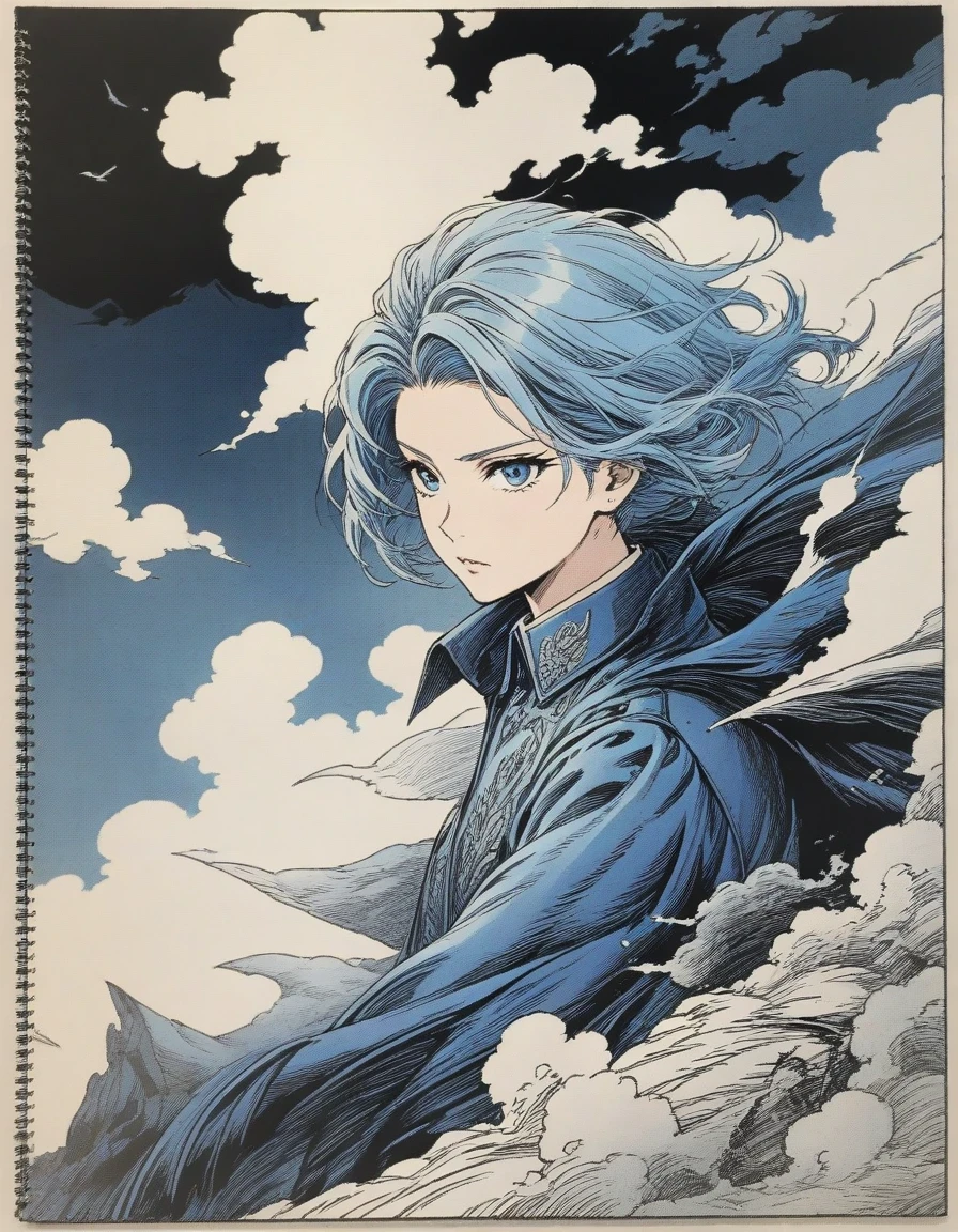 in style of comic cover , portrait，（A close-up of an anime character domineering president with blue hair and blue eyes sitting on a cliff, wearing blue clothing，Flying clothes，Strong wind，Dense fog，blue ark night,  Fine details blue theme，in style of coloring book , 