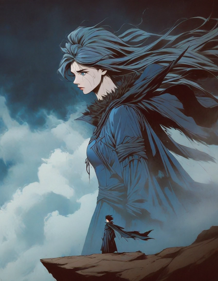 （Close-up of an anime character boss with blue hair and blue eyes standing on a cliff），long hair，big eyes resolute，tears ,Slash demons and remove demons，handsome guy, wearing blue clothing，Flying clothes，Strong wind，Dense fog，blue ark night,  Fine details blue theme，